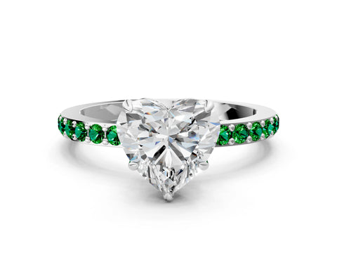 White gold Heart Cut Diamond Pavé Engagement Ring with Round with Emerald side stone Accents and Prong Setting