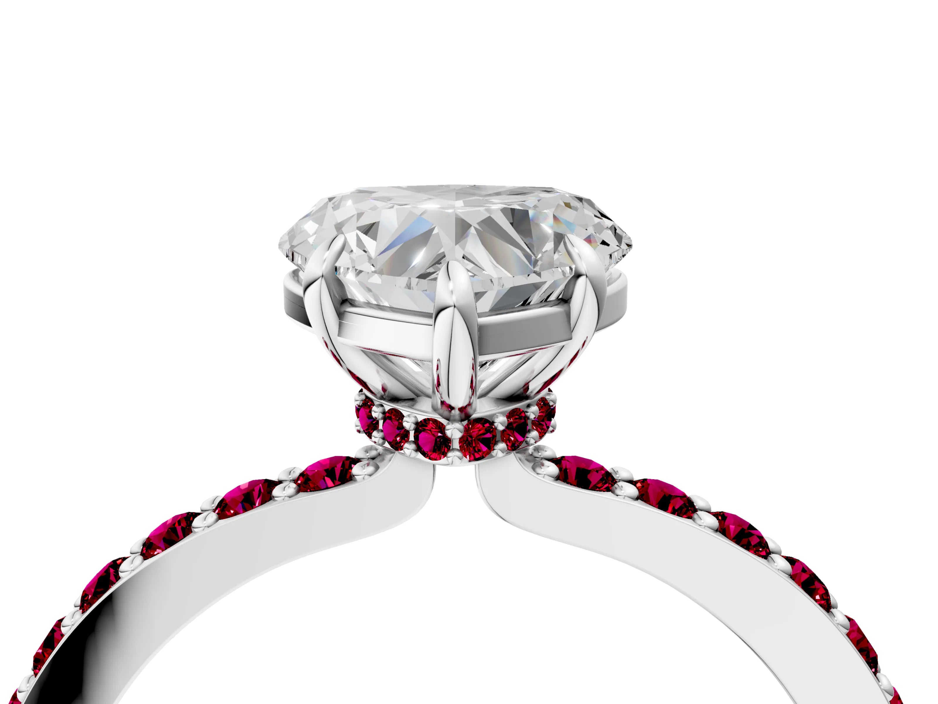 White gold Heart Cut Diamond Pavé Engagement Ring with Round with Garnet side stone Accents and Prong Setting_28