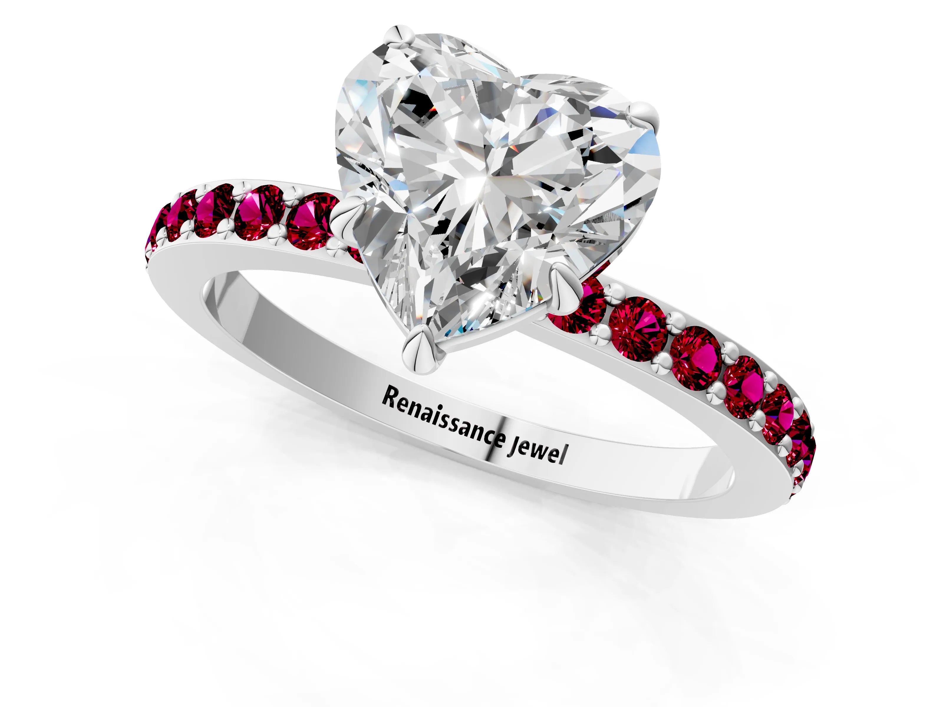 White gold Heart Cut Diamond Pavé Engagement Ring with Round with Garnet side stone Accents and Prong Setting_37