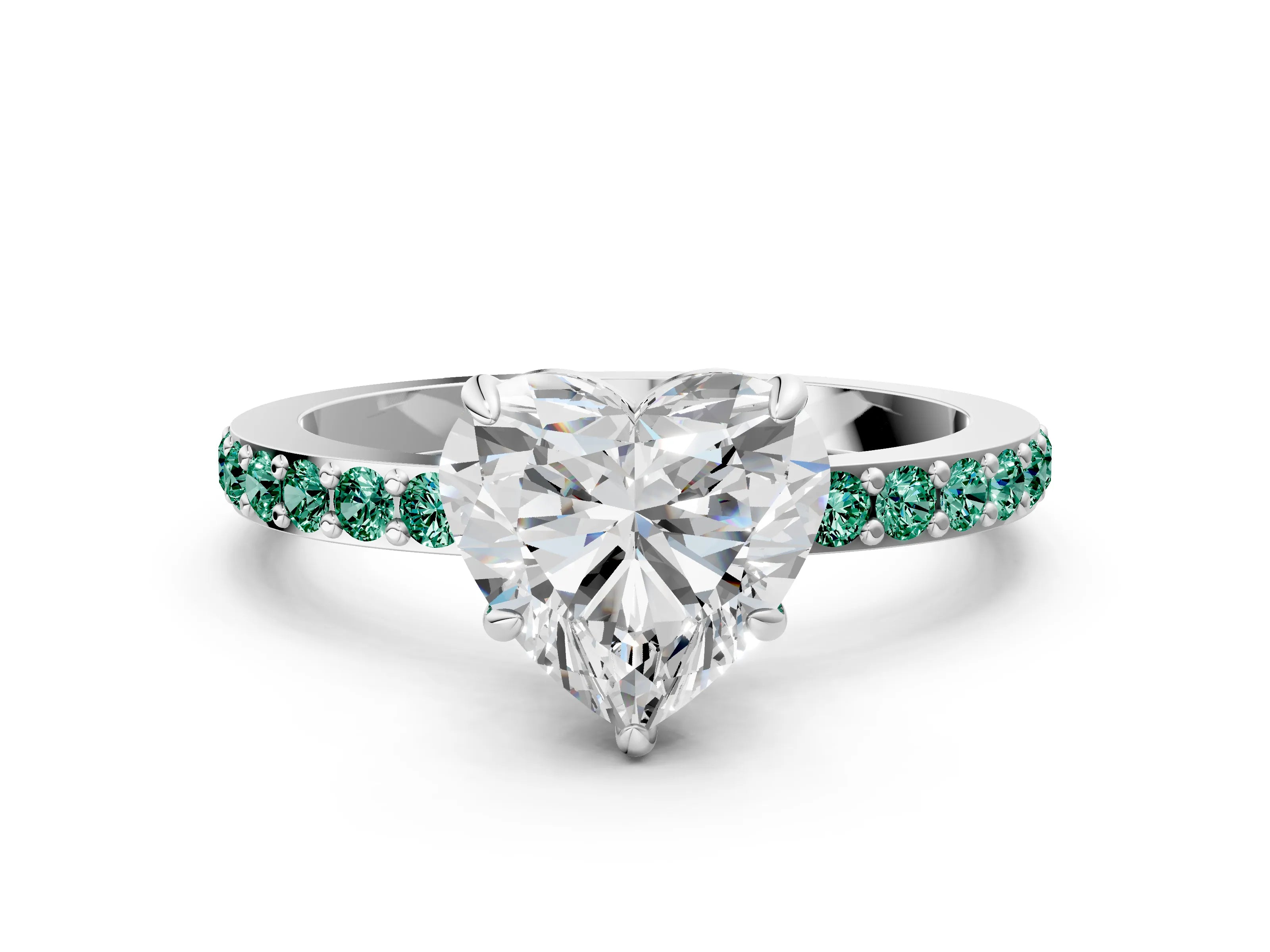 White gold Heart Cut Diamond Pavé Engagement Ring with Round with Green Sapphire side stone Accents and Prong Setting_12