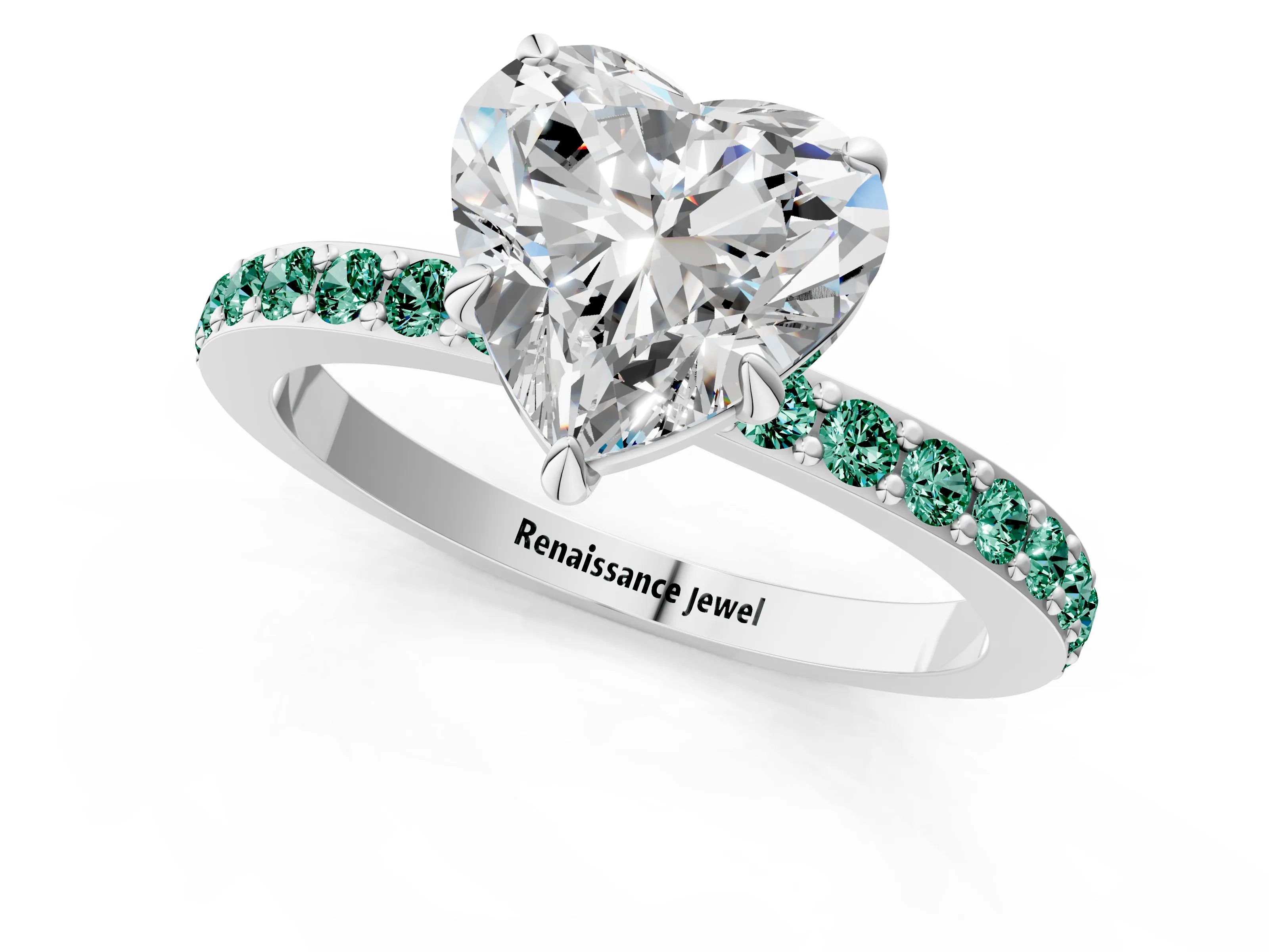 White gold Heart Cut Diamond Pavé Engagement Ring with Round with Green Sapphire side stone Accents and Prong Setting_13