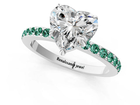 White gold Heart Cut Diamond Pavé Engagement Ring with Round with Green Sapphire side stone Accents and Prong Setting_13