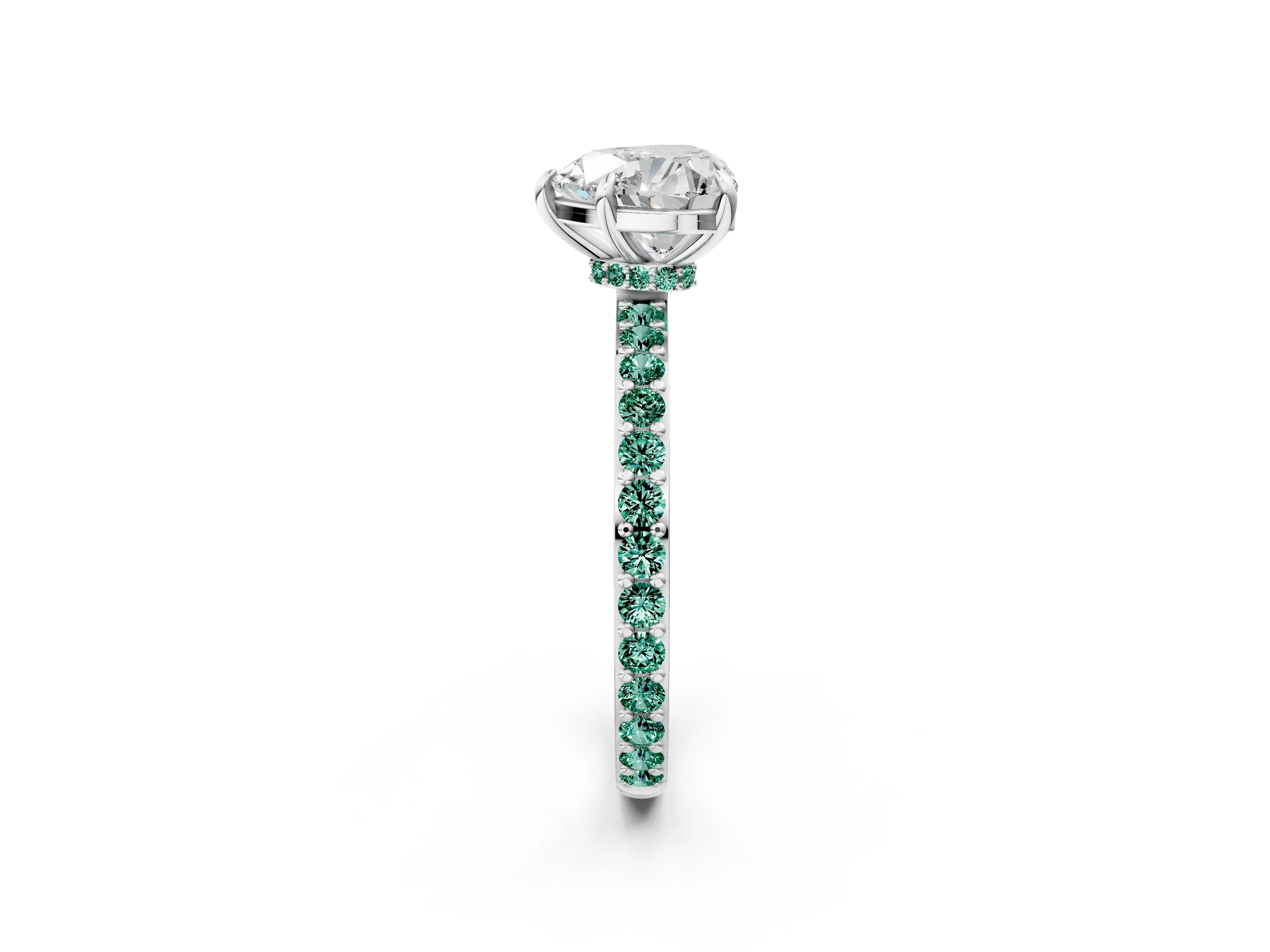 White gold Heart Cut Diamond Pavé Engagement Ring with Round with Green Sapphire side stone Accents and Prong Setting_14