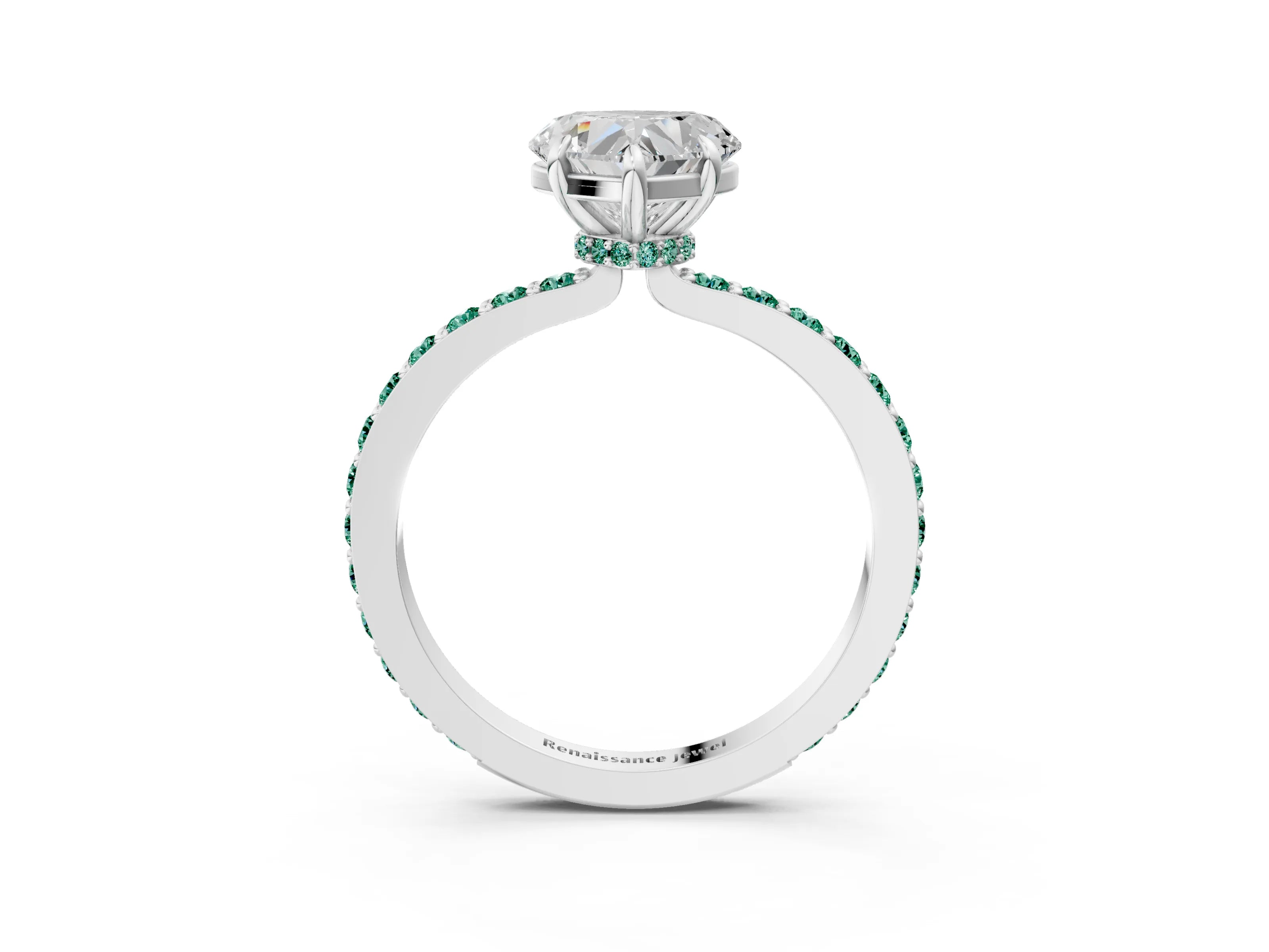White gold Heart Cut Diamond Pavé Engagement Ring with Round with Green Sapphire side stone Accents and Prong Setting_15