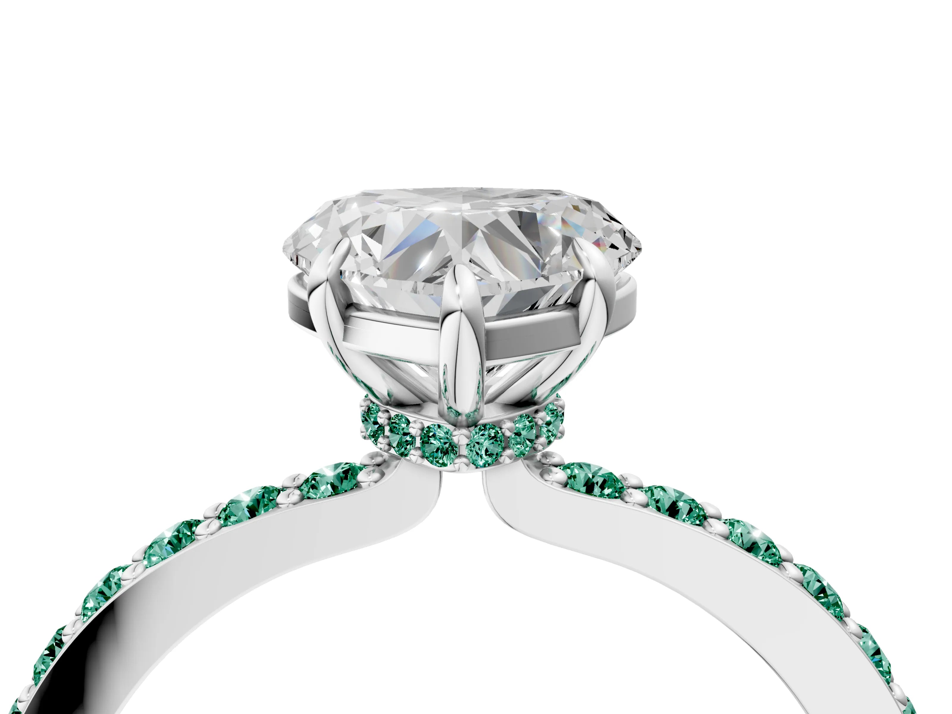 White gold Heart Cut Diamond Pavé Engagement Ring with Round with Green Sapphire side stone Accents and Prong Setting_28