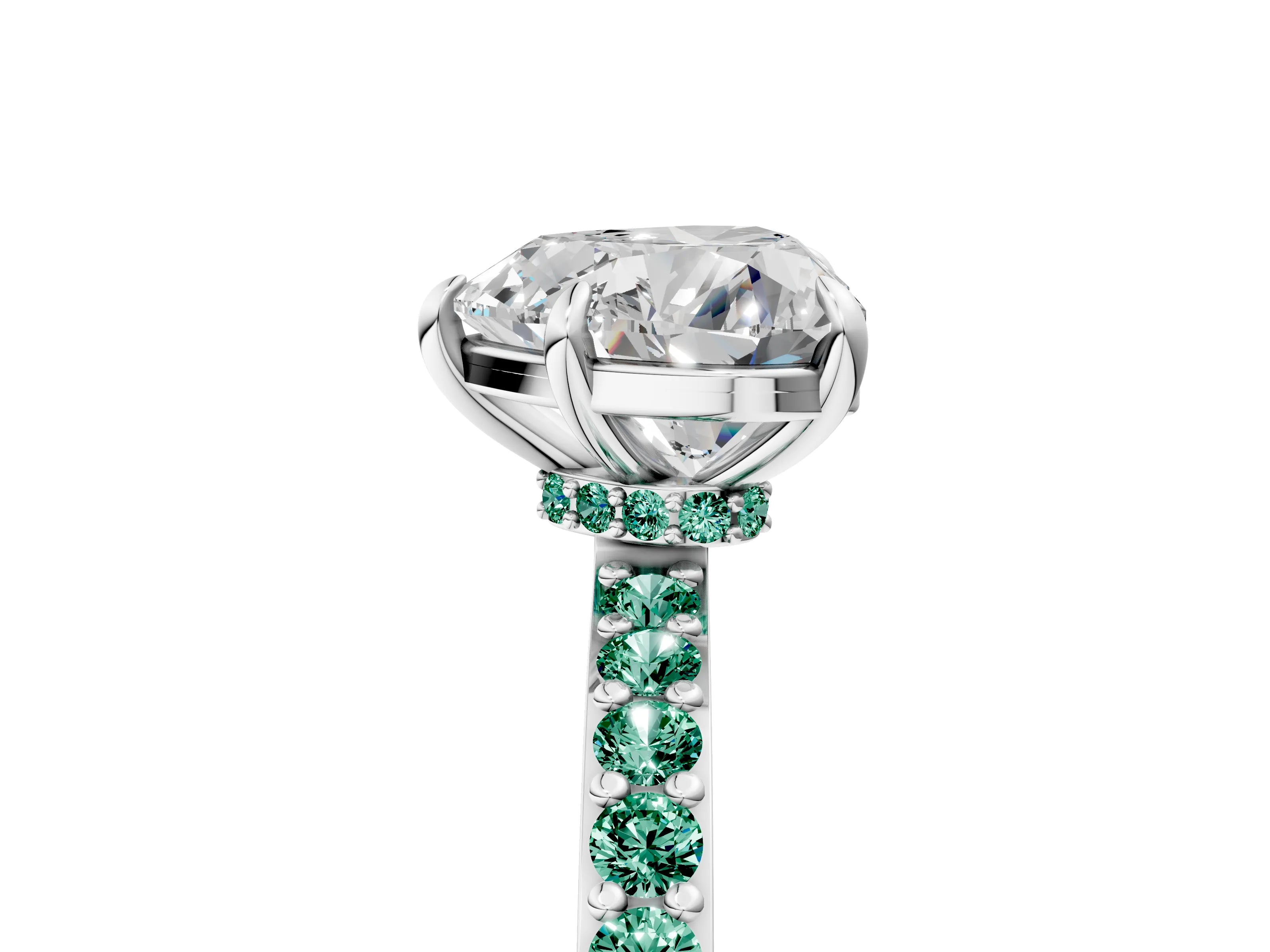 White gold Heart Cut Diamond Pavé Engagement Ring with Round with Green Sapphire side stone Accents and Prong Setting_29