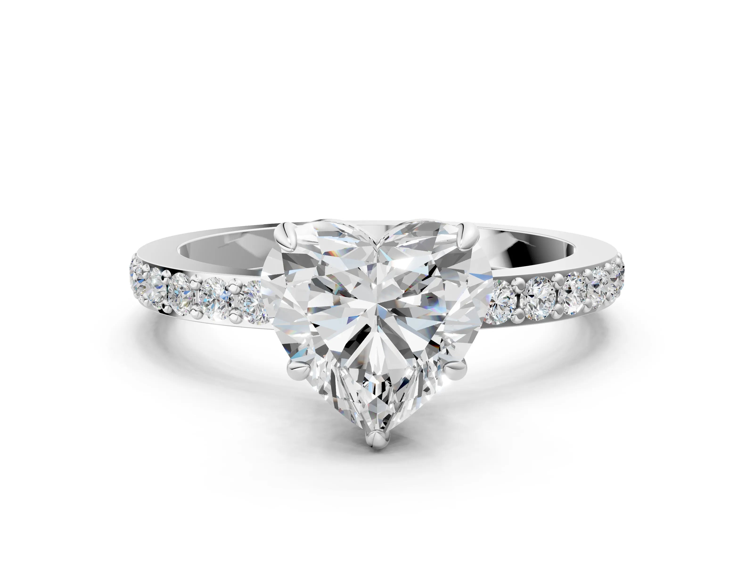 White gold Heart Cut Diamond Pavé Engagement Ring with Round with Moissanite side stone Accents and Prong Setting