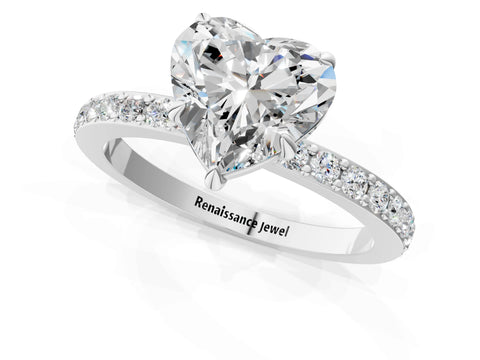 White gold Heart Cut Diamond Pavé Engagement Ring with Round with Moissanite side stone Accents and Prong Setting_1
