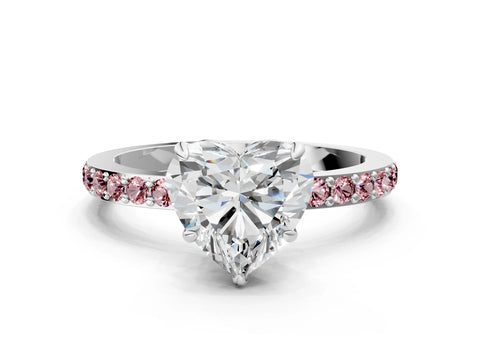 White gold Heart Cut Diamond Pavé Engagement Ring with Round with Morganite side stone Accents and Prong Setting