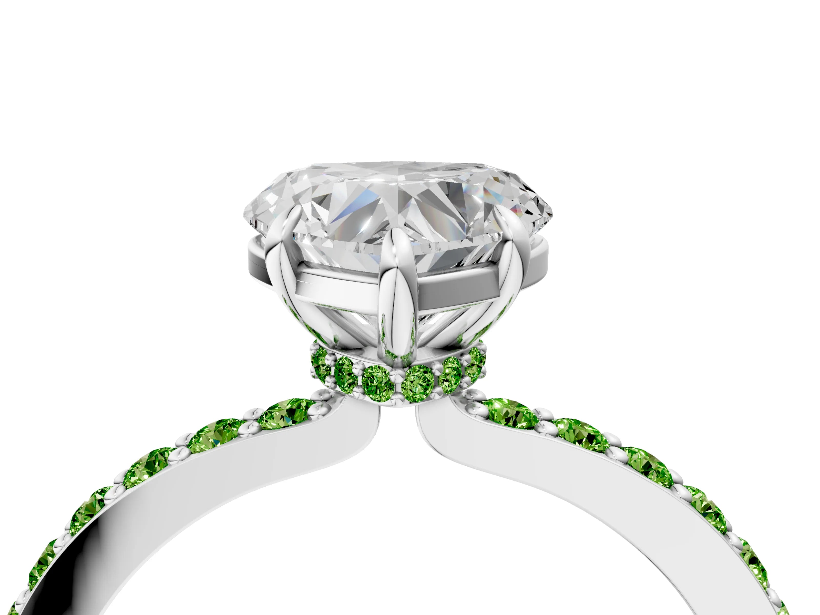 White gold Heart Cut Diamond Pavé Engagement Ring with Round with Peridot side stone Accents and Prong Setting_16