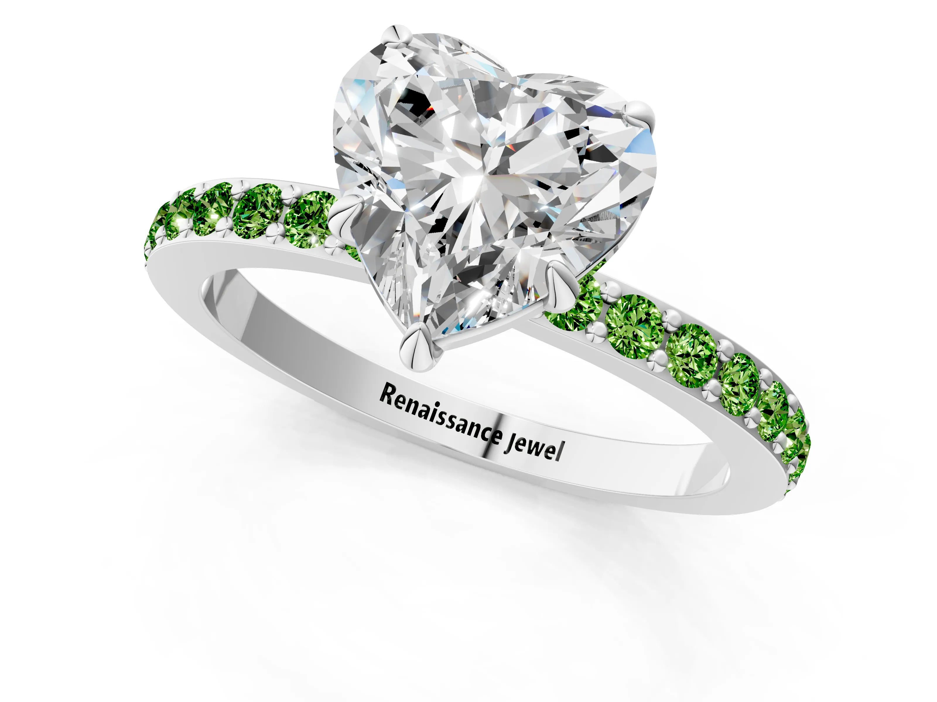 White gold Heart Cut Diamond Pavé Engagement Ring with Round with Peridot side stone Accents and Prong Setting_37