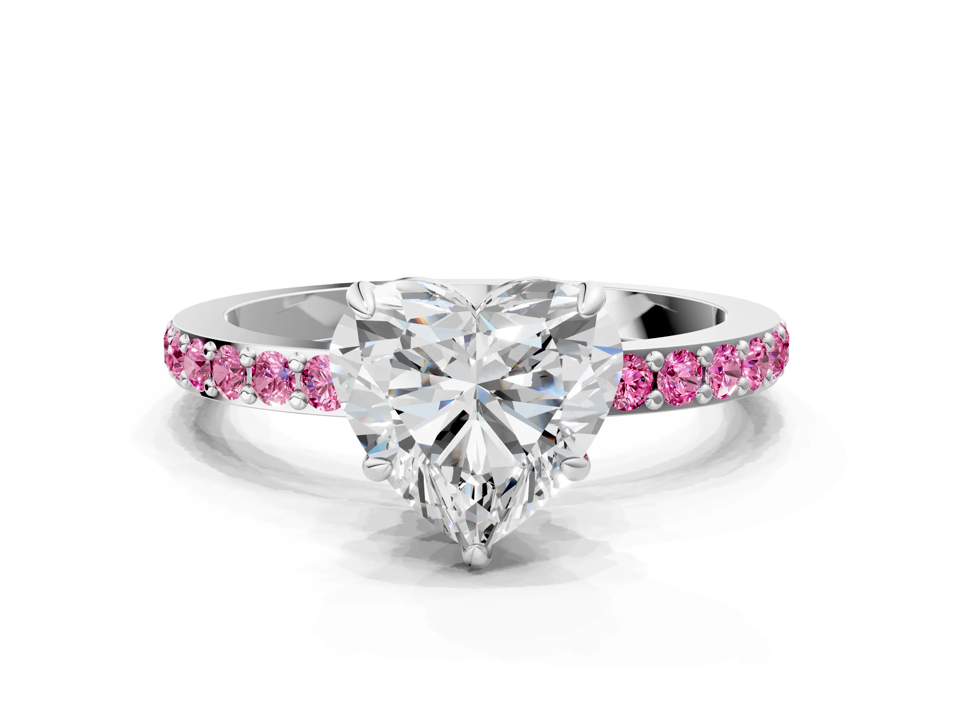 White gold Heart Cut Diamond Pavé Engagement Ring with Round with Pink Sapphire side stone Accents and Prong Setting_12