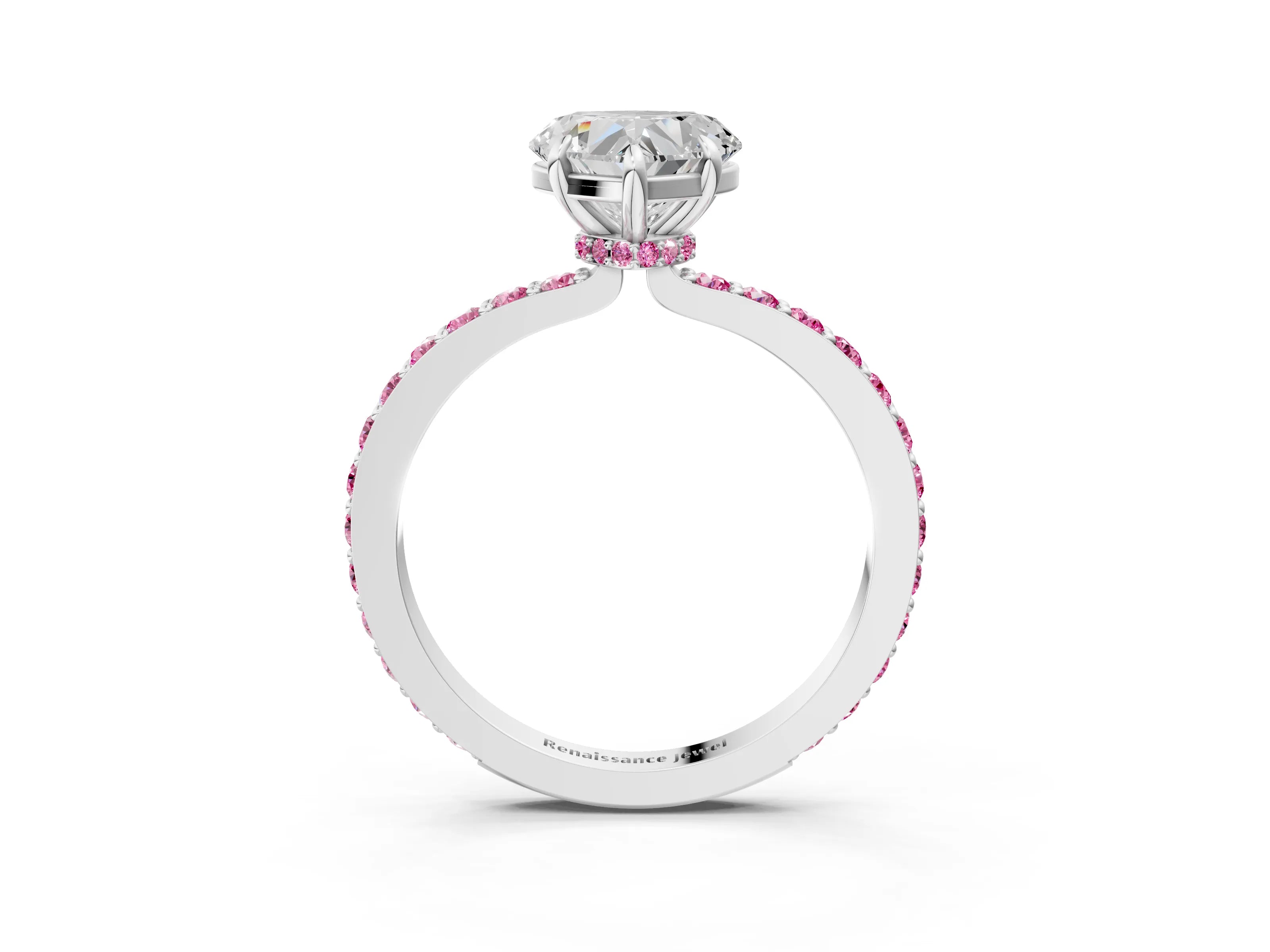 White gold Heart Cut Diamond Pavé Engagement Ring with Round with Pink Sapphire side stone Accents and Prong Setting_15