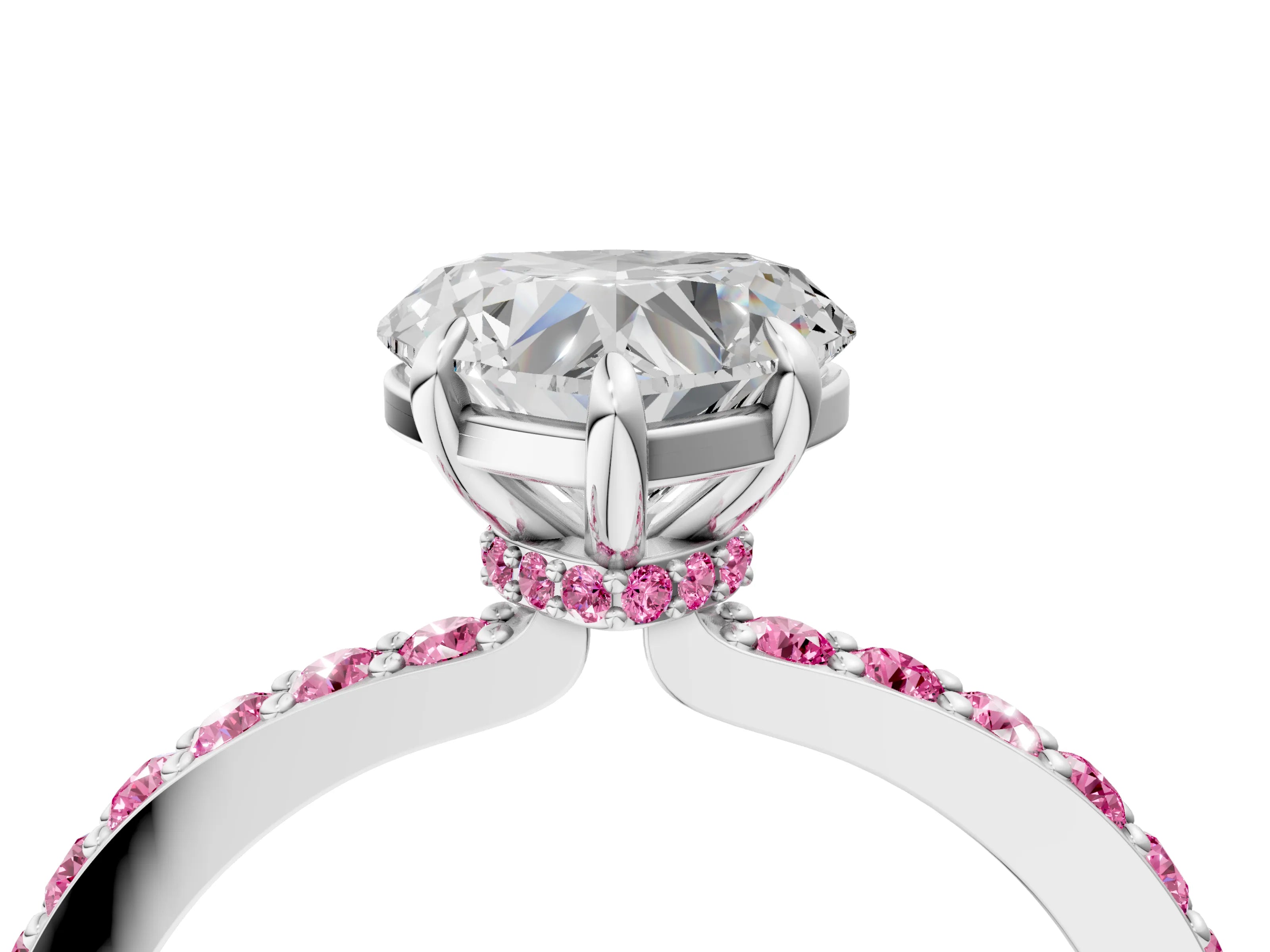 White gold Heart Cut Diamond Pavé Engagement Ring with Round with Pink Sapphire side stone Accents and Prong Setting_16
