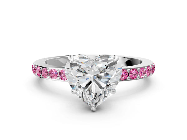 Platinum Heart-Shaped Hidden Halo Engagement Ring Setting with Lab-Grown Pink Sapphire Pave Band