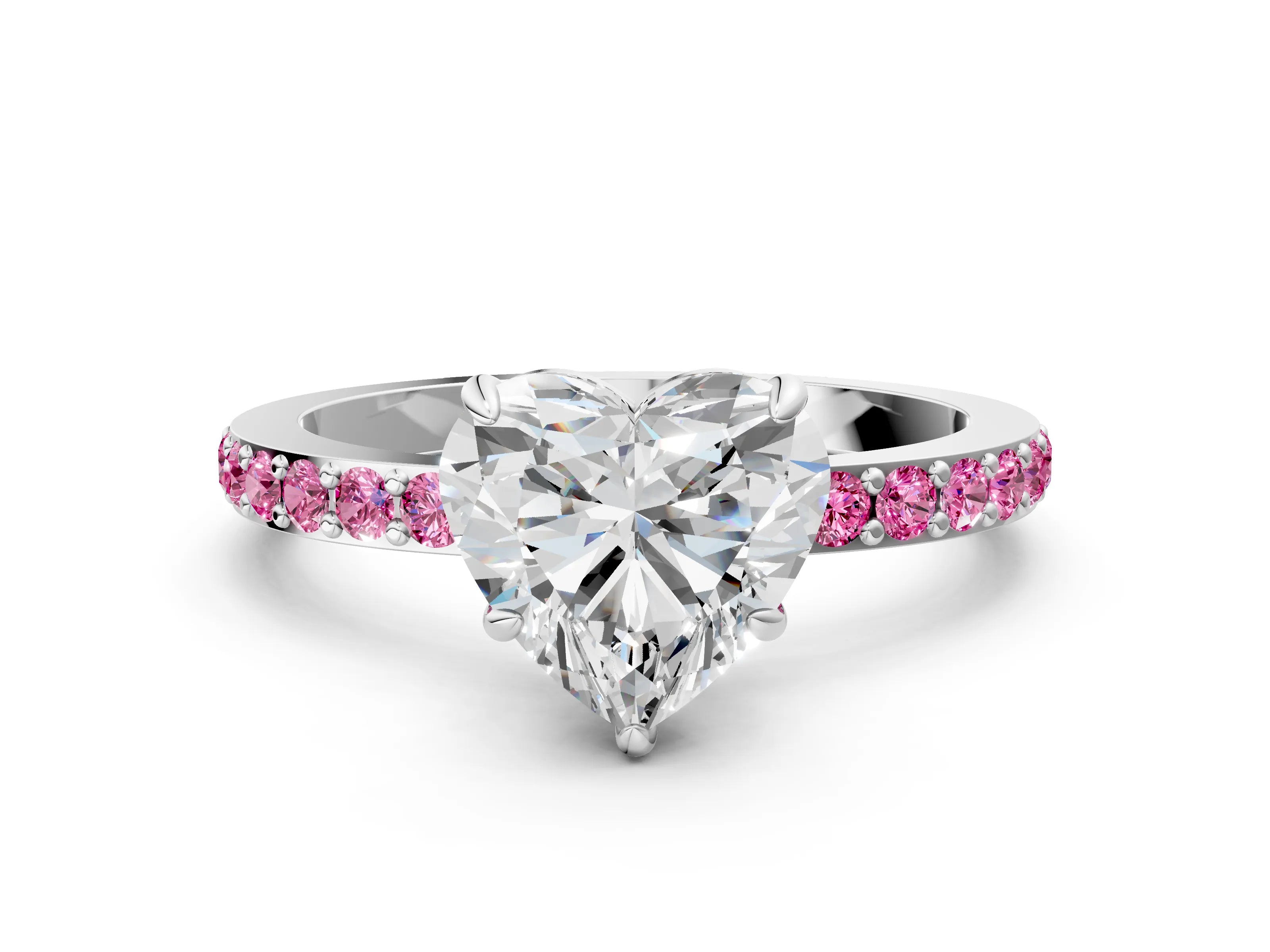 White gold Heart Cut Diamond Pavé Engagement Ring with Round with Pink Sapphire side stone Accents and Prong Setting_24