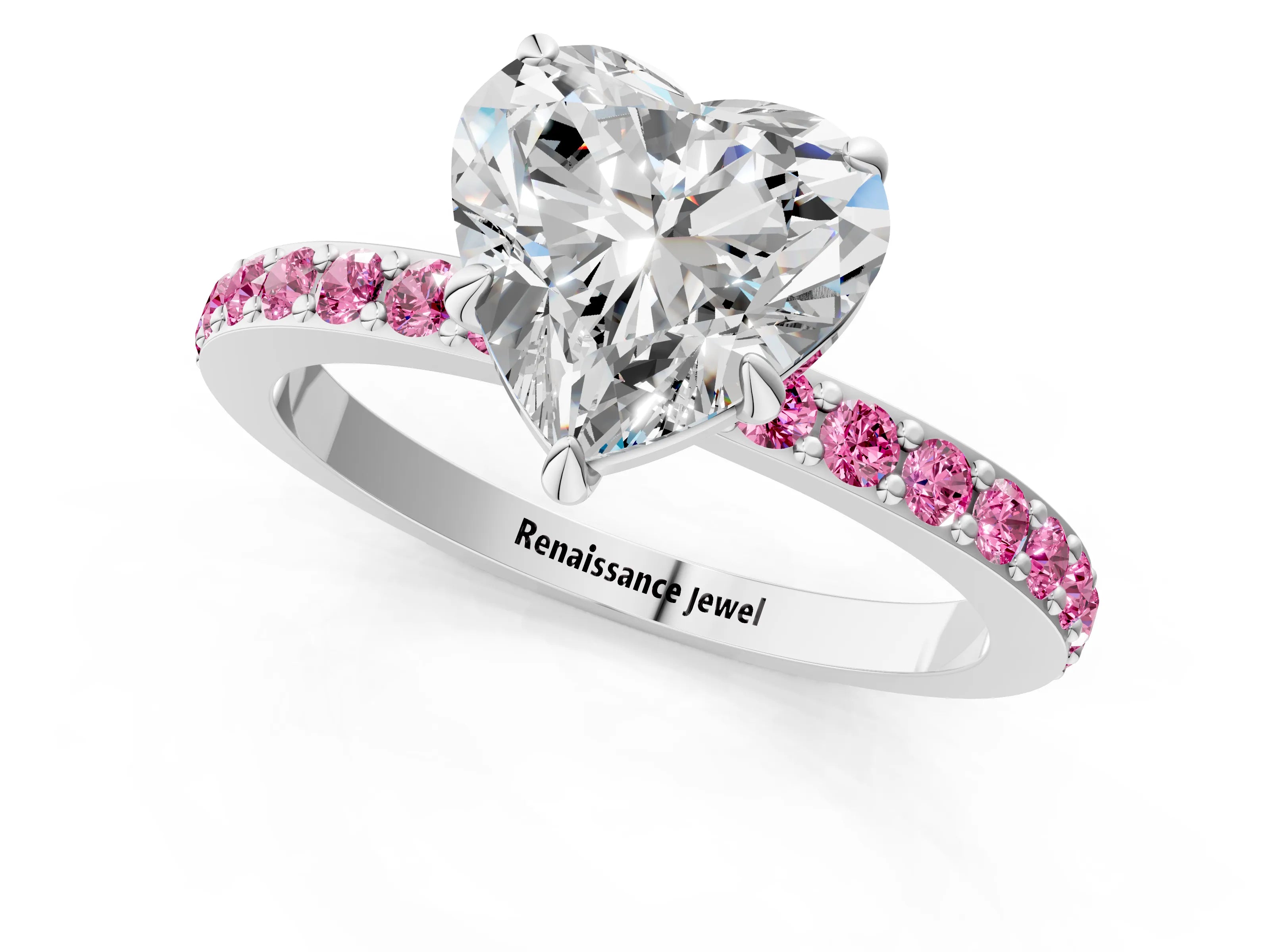 White gold Heart Cut Diamond Pavé Engagement Ring with Round with Pink Sapphire side stone Accents and Prong Setting_25