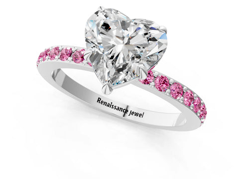 White gold Heart Cut Diamond Pavé Engagement Ring with Round with Pink Sapphire side stone Accents and Prong Setting_25