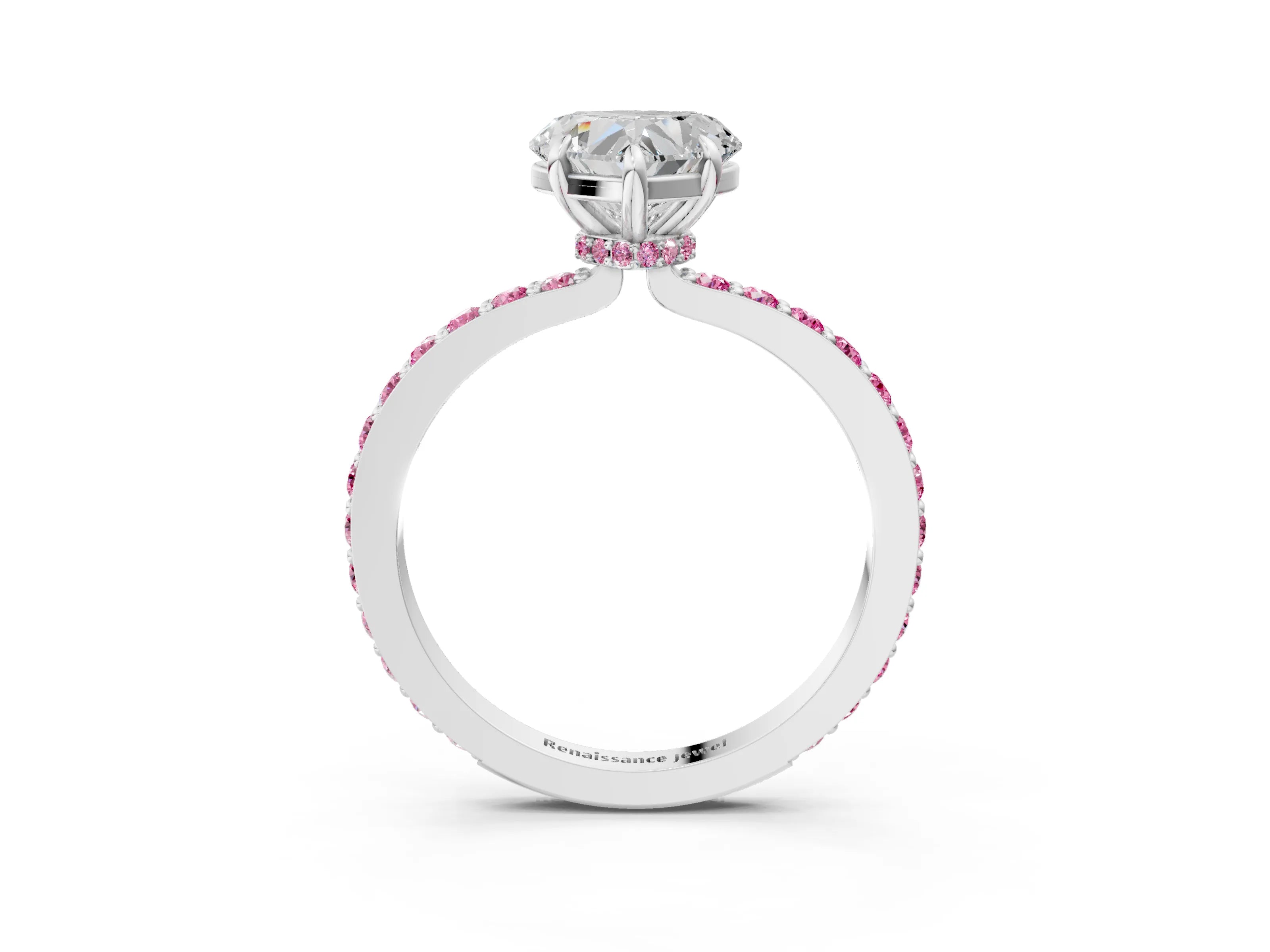 White gold Heart Cut Diamond Pavé Engagement Ring with Round with Pink Sapphire side stone Accents and Prong Setting_27