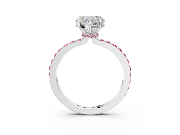 White Gold Heart-Shaped Hidden Halo Engagement Ring Setting with Lab-Grown Pink Sapphire Pave Band