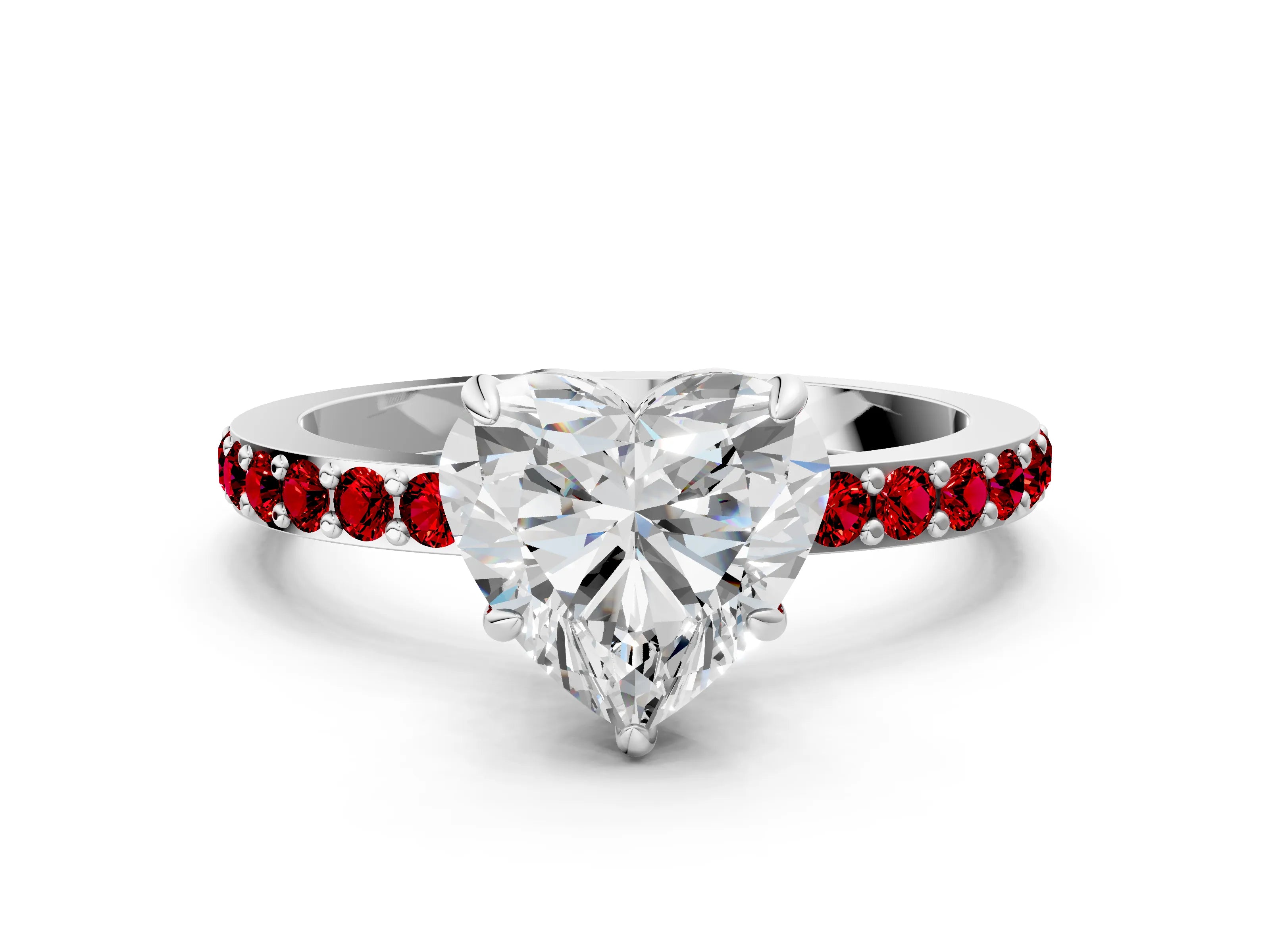 White gold Heart Cut Diamond Pavé Engagement Ring with Round with Ruby side stone Accents and Prong Setting_12