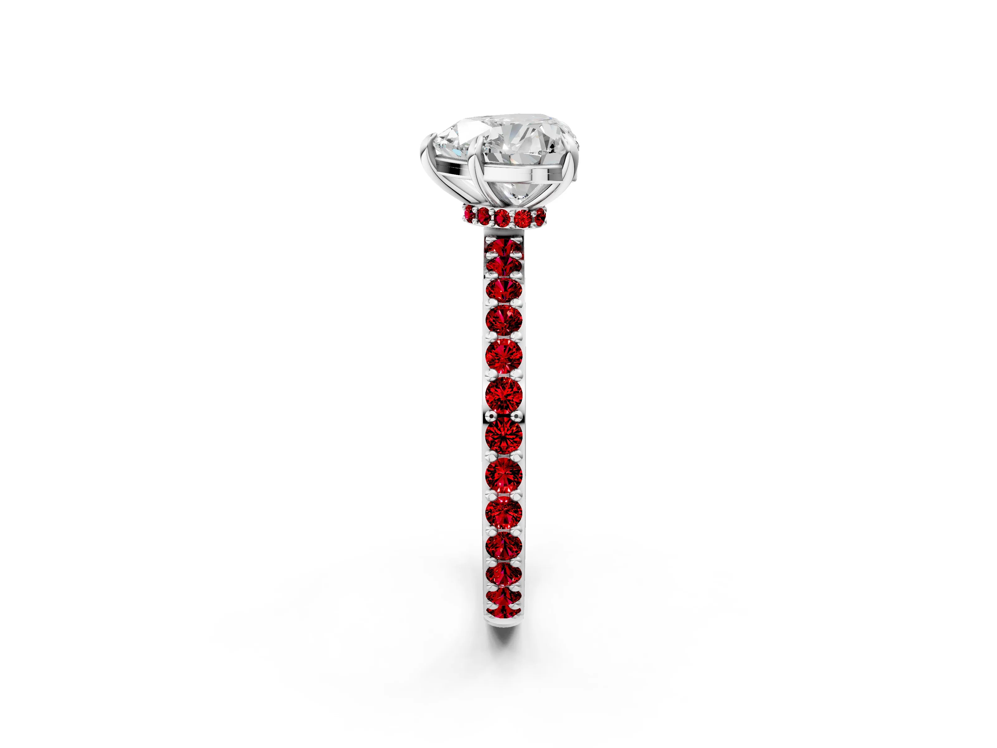 White gold Heart Cut Diamond Pavé Engagement Ring with Round with Ruby side stone Accents and Prong Setting_14