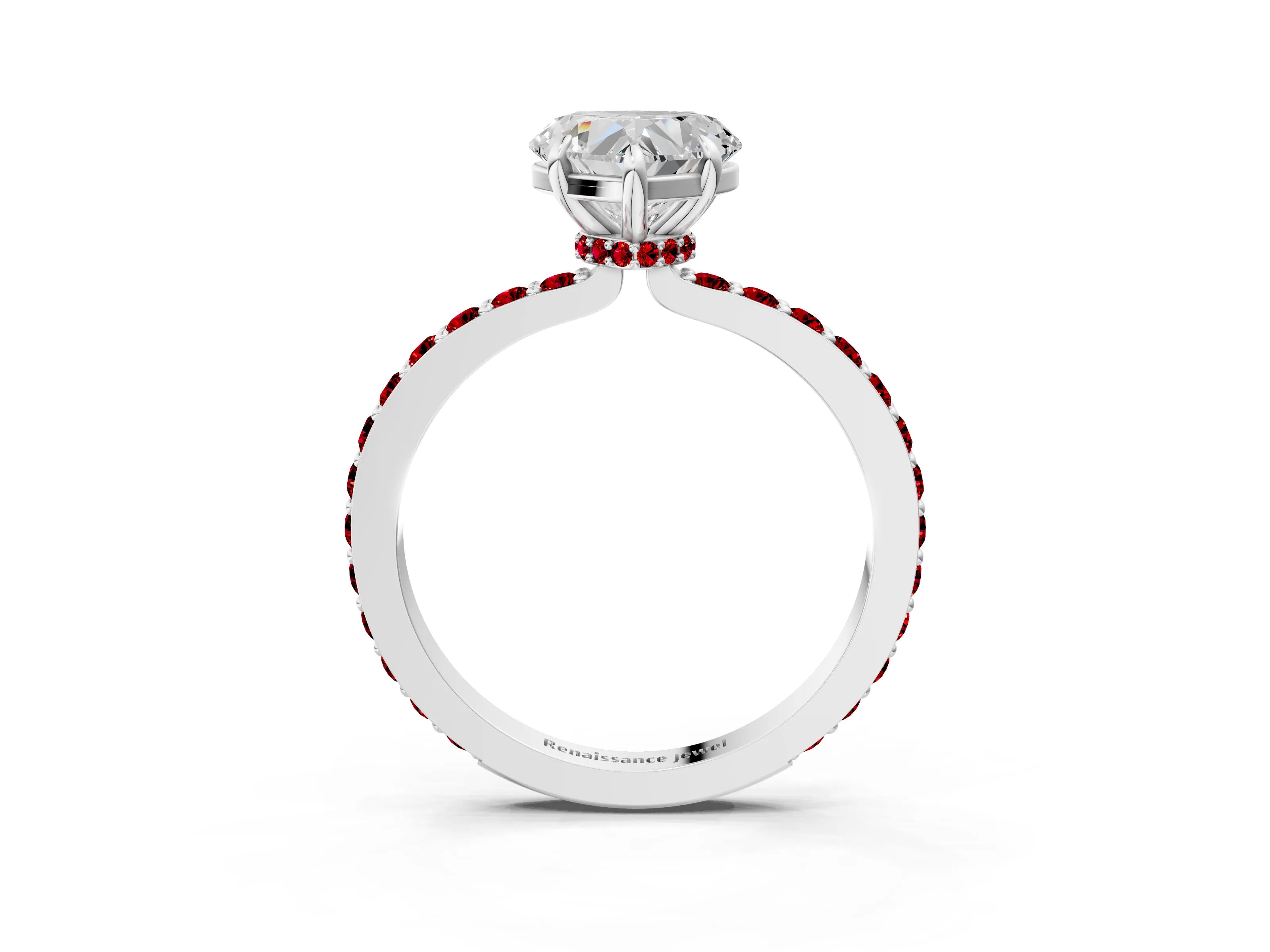 White gold Heart Cut Diamond Pavé Engagement Ring with Round with Ruby side stone Accents and Prong Setting_15