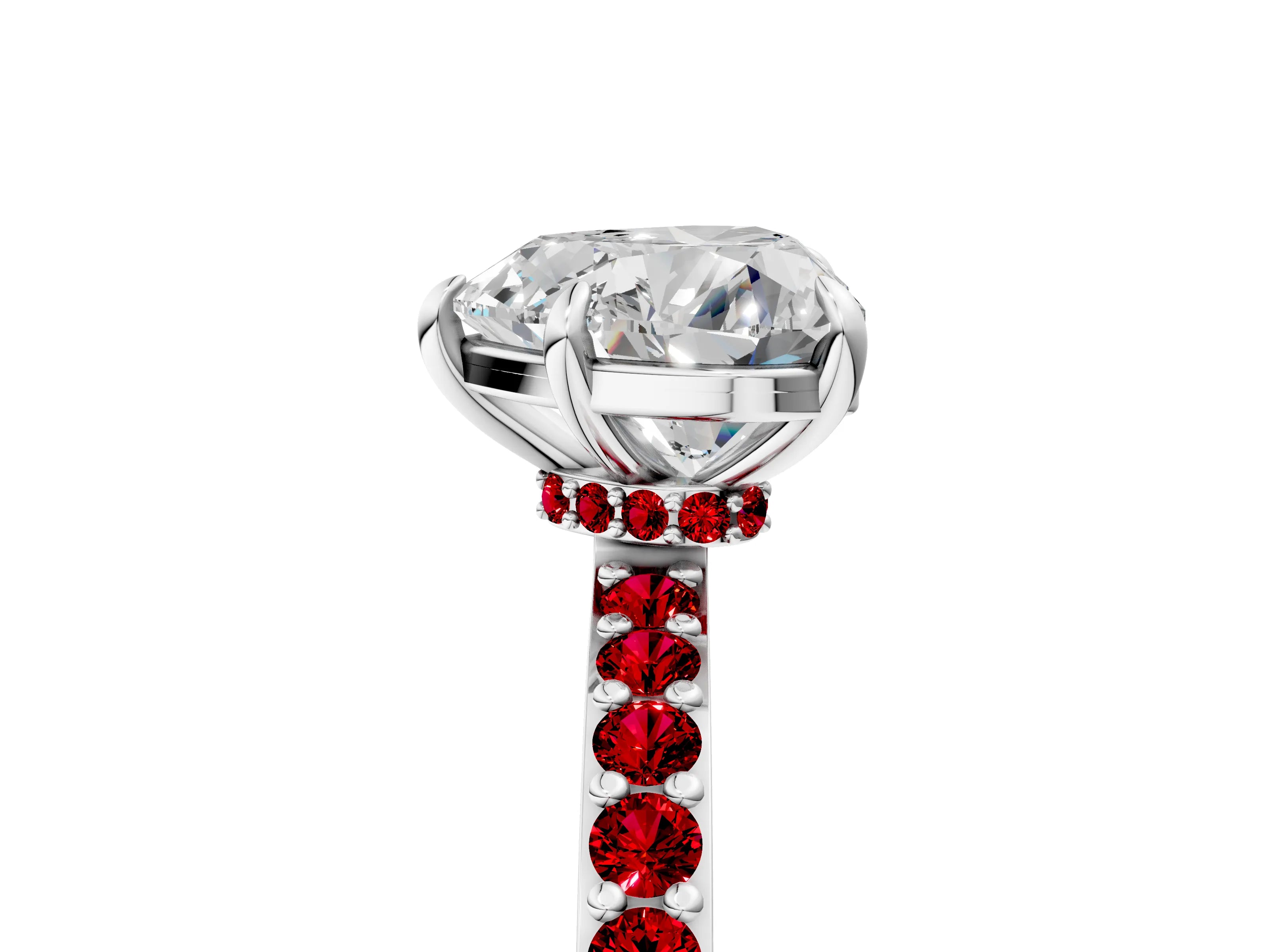 White gold Heart Cut Diamond Pavé Engagement Ring with Round with Ruby side stone Accents and Prong Setting_17