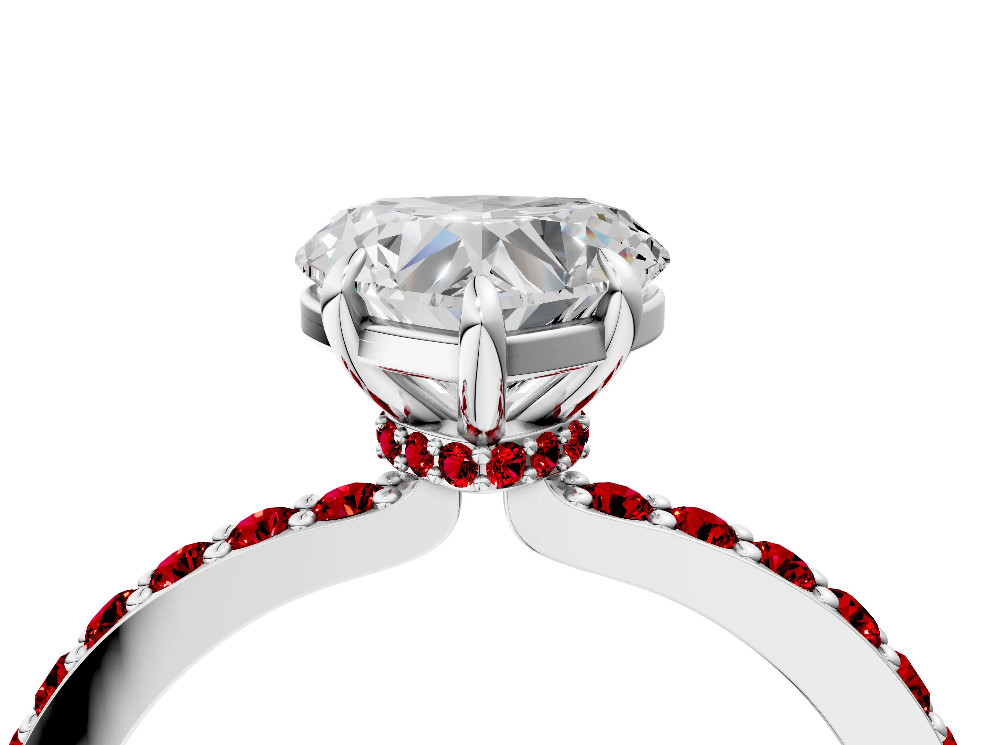 White gold Heart Cut Diamond Pavé Engagement Ring with Round with Ruby side stone Accents and Prong Setting_4