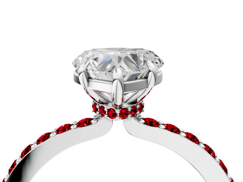 White gold Heart Cut Diamond Pavé Engagement Ring with Round with Ruby side stone Accents and Prong Setting_4