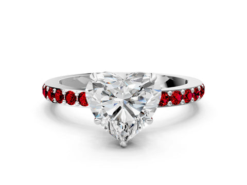 White gold Heart Cut Diamond Pavé Engagement Ring with Round with Ruby side stone Accents and Prong Setting
