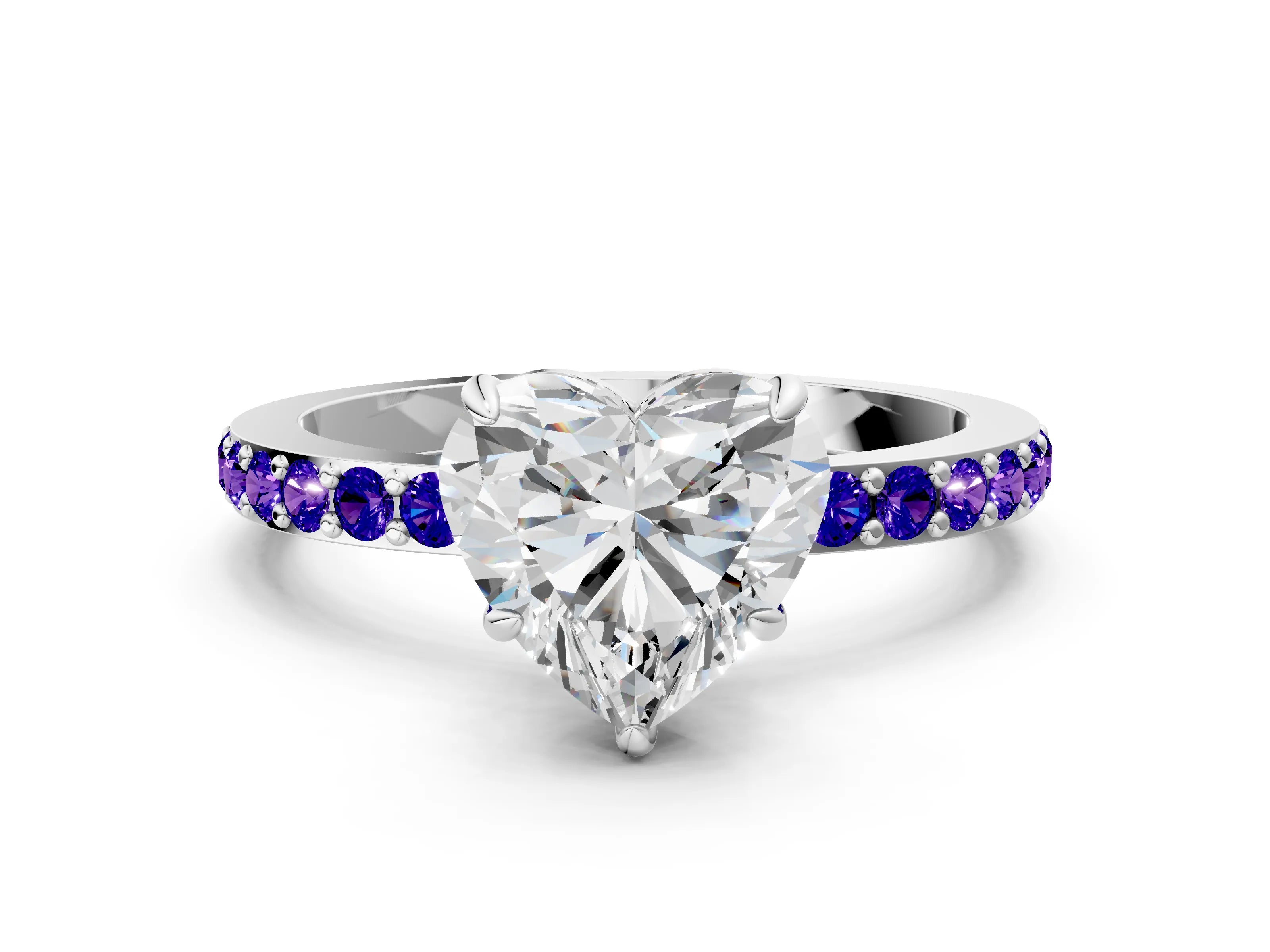 White gold Heart Cut Diamond Pavé Engagement Ring with Round with Tanzanite side stone Accents and Prong Setting_24