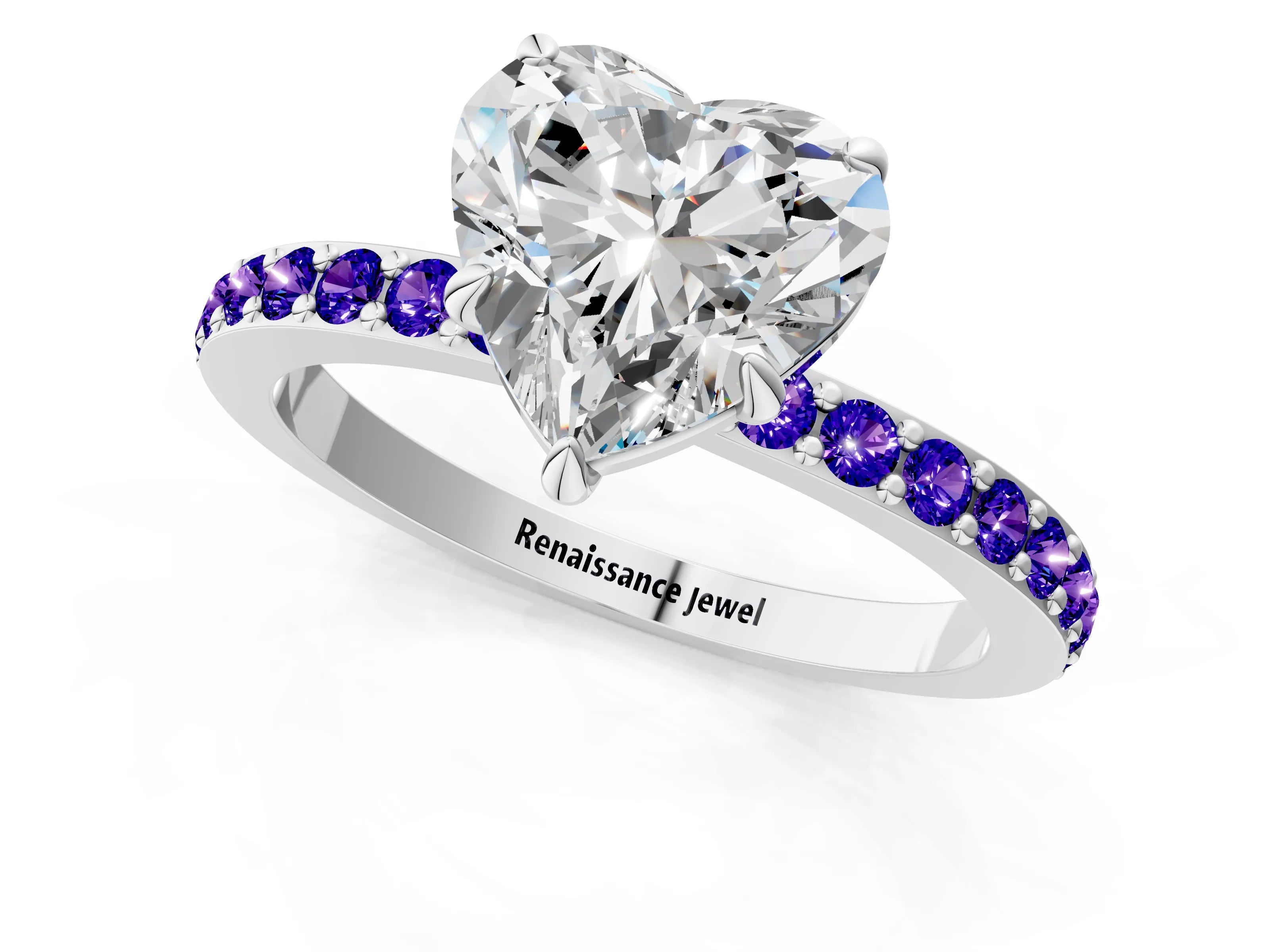 White gold Heart Cut Diamond Pavé Engagement Ring with Round with Tanzanite side stone Accents and Prong Setting_25