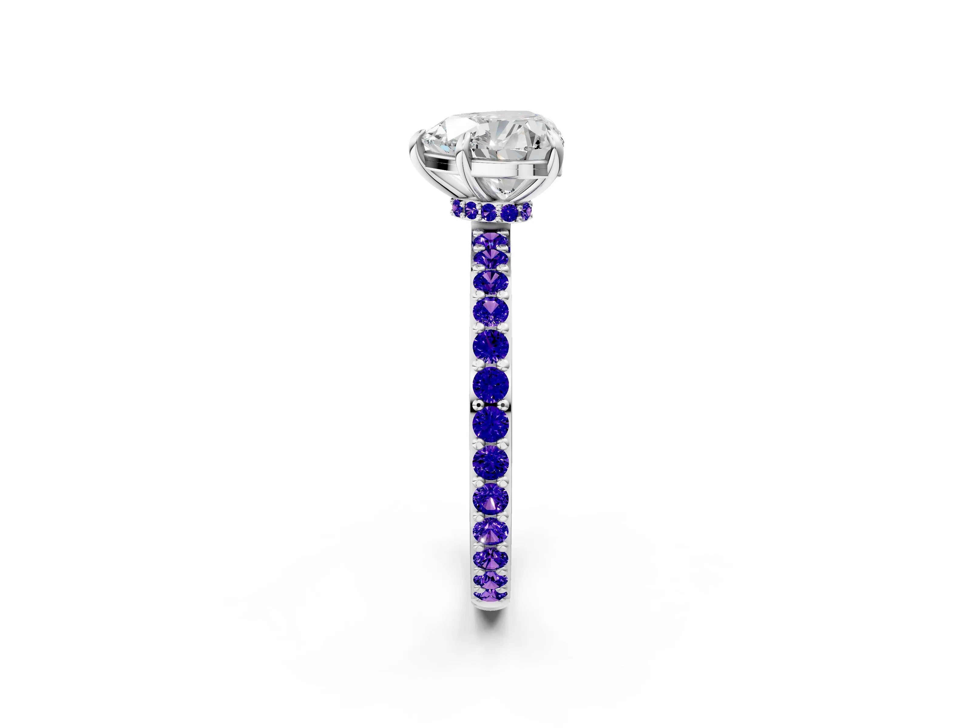White gold Heart Cut Diamond Pavé Engagement Ring with Round with Tanzanite side stone Accents and Prong Setting_26
