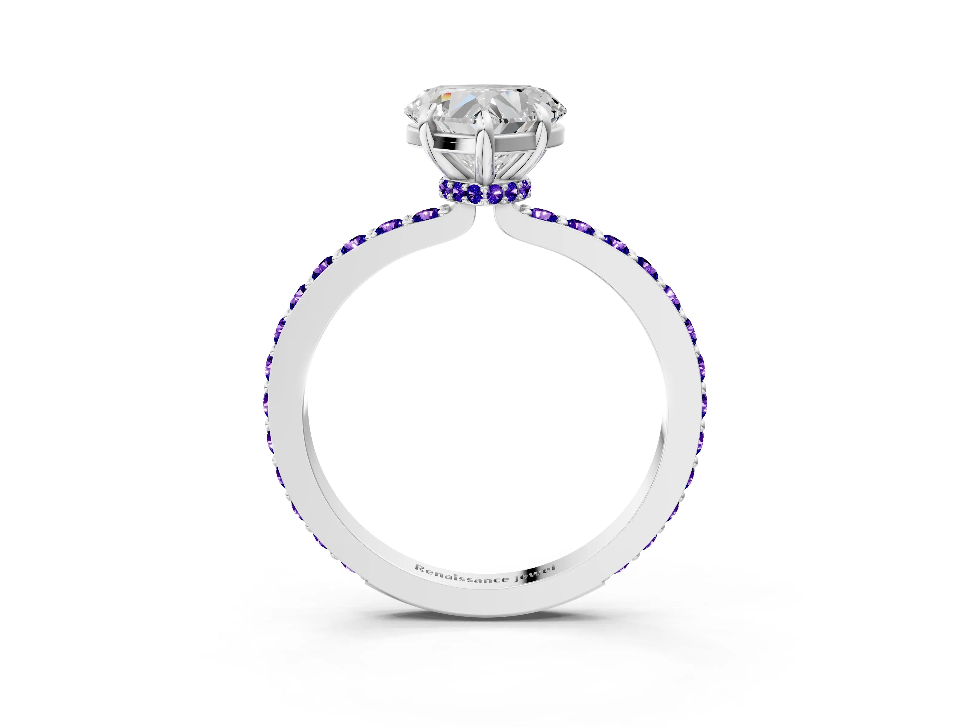 White gold Heart Cut Diamond Pavé Engagement Ring with Round with Tanzanite side stone Accents and Prong Setting_27