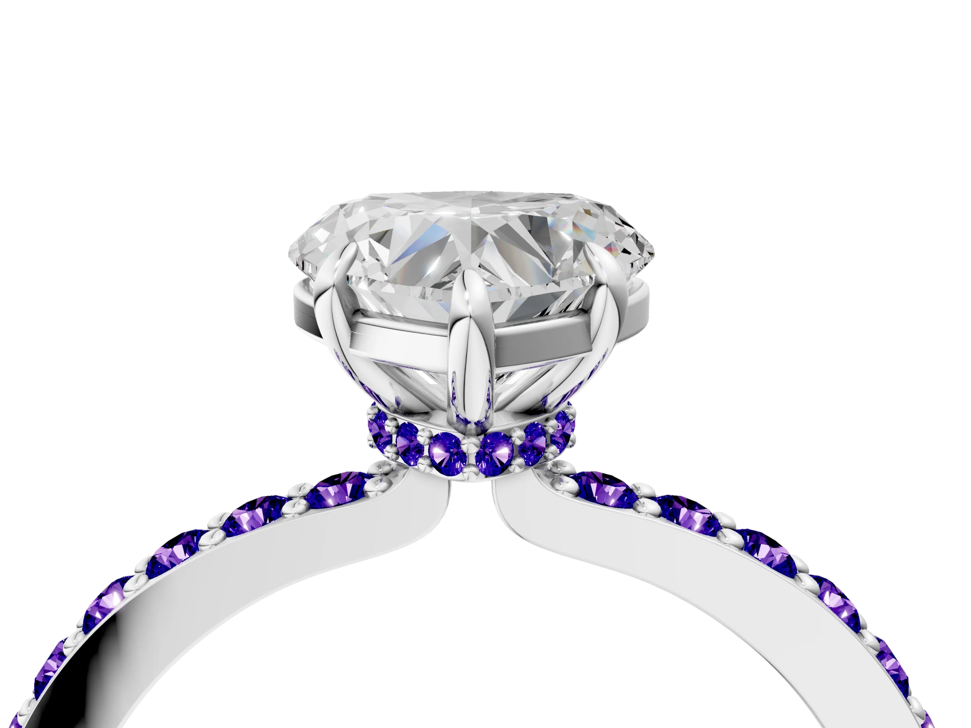 White gold Heart Cut Diamond Pavé Engagement Ring with Round with Tanzanite side stone Accents and Prong Setting_28