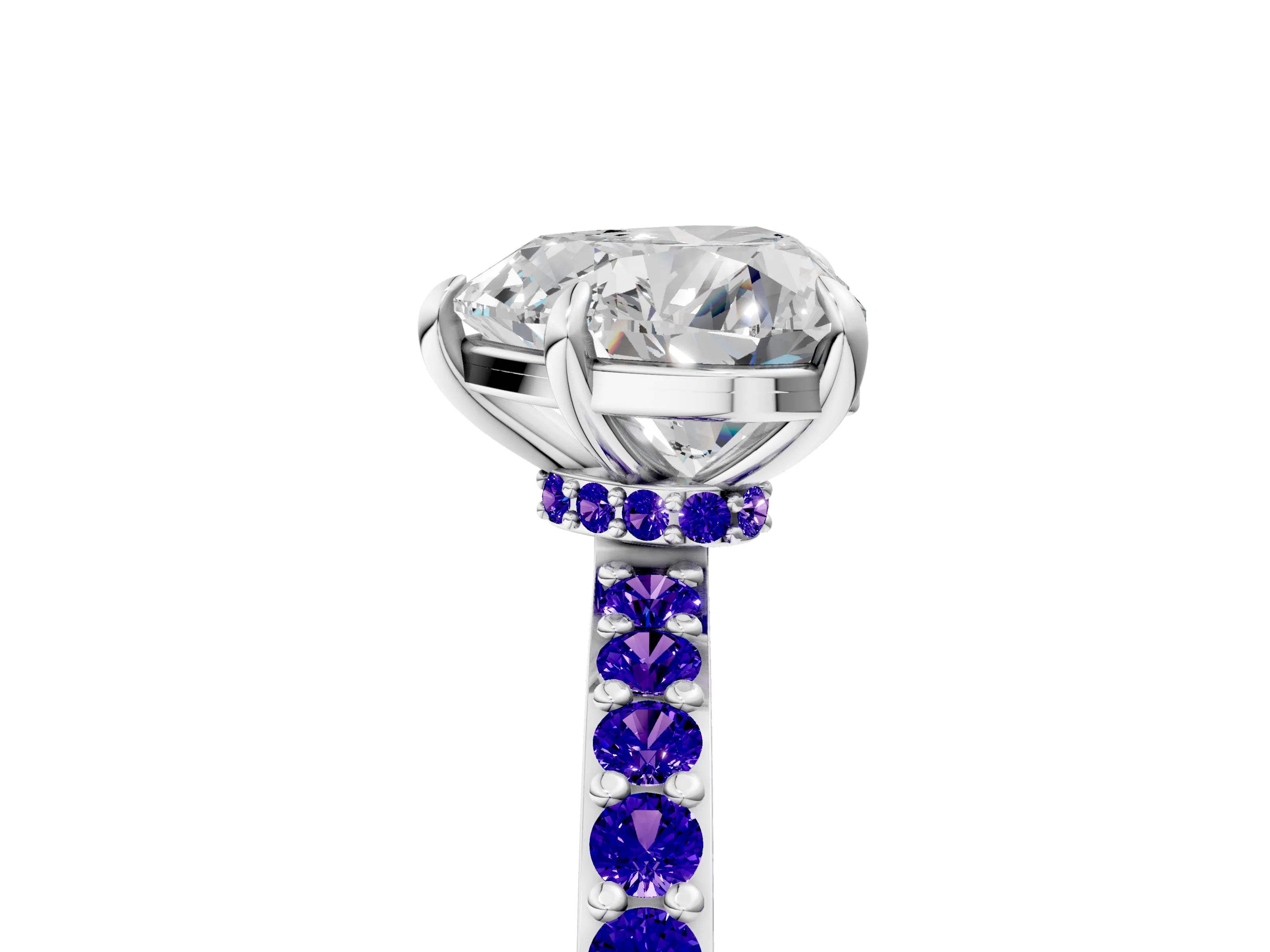 White gold Heart Cut Diamond Pavé Engagement Ring with Round with Tanzanite side stone Accents and Prong Setting_29
