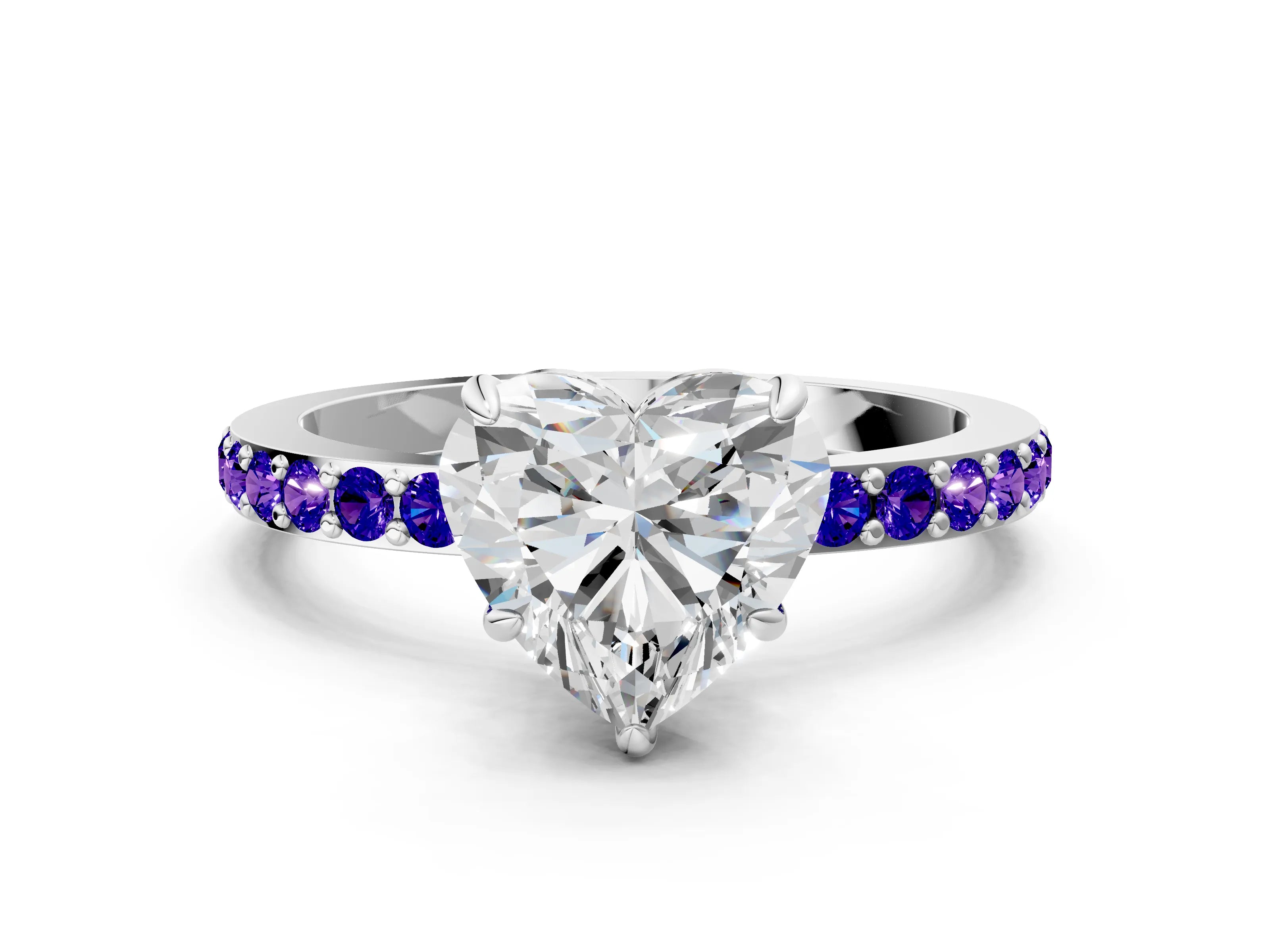 White gold Heart Cut Diamond Pavé Engagement Ring with Round with Tanzanite side stone Accents and Prong Setting_36