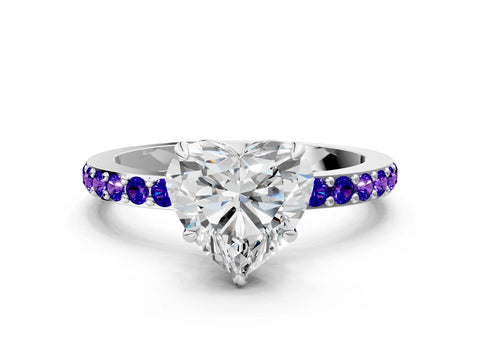 White gold Heart Cut Diamond Pavé Engagement Ring with Round with Tanzanite side stone Accents and Prong Setting_36