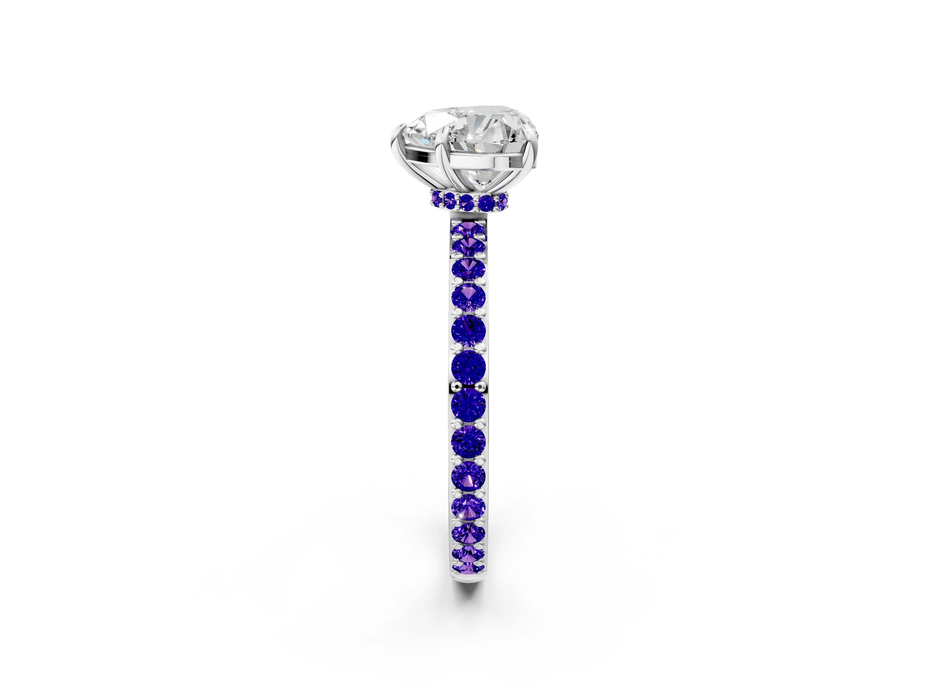 White gold Heart Cut Diamond Pavé Engagement Ring with Round with Tanzanite side stone Accents and Prong Setting_38