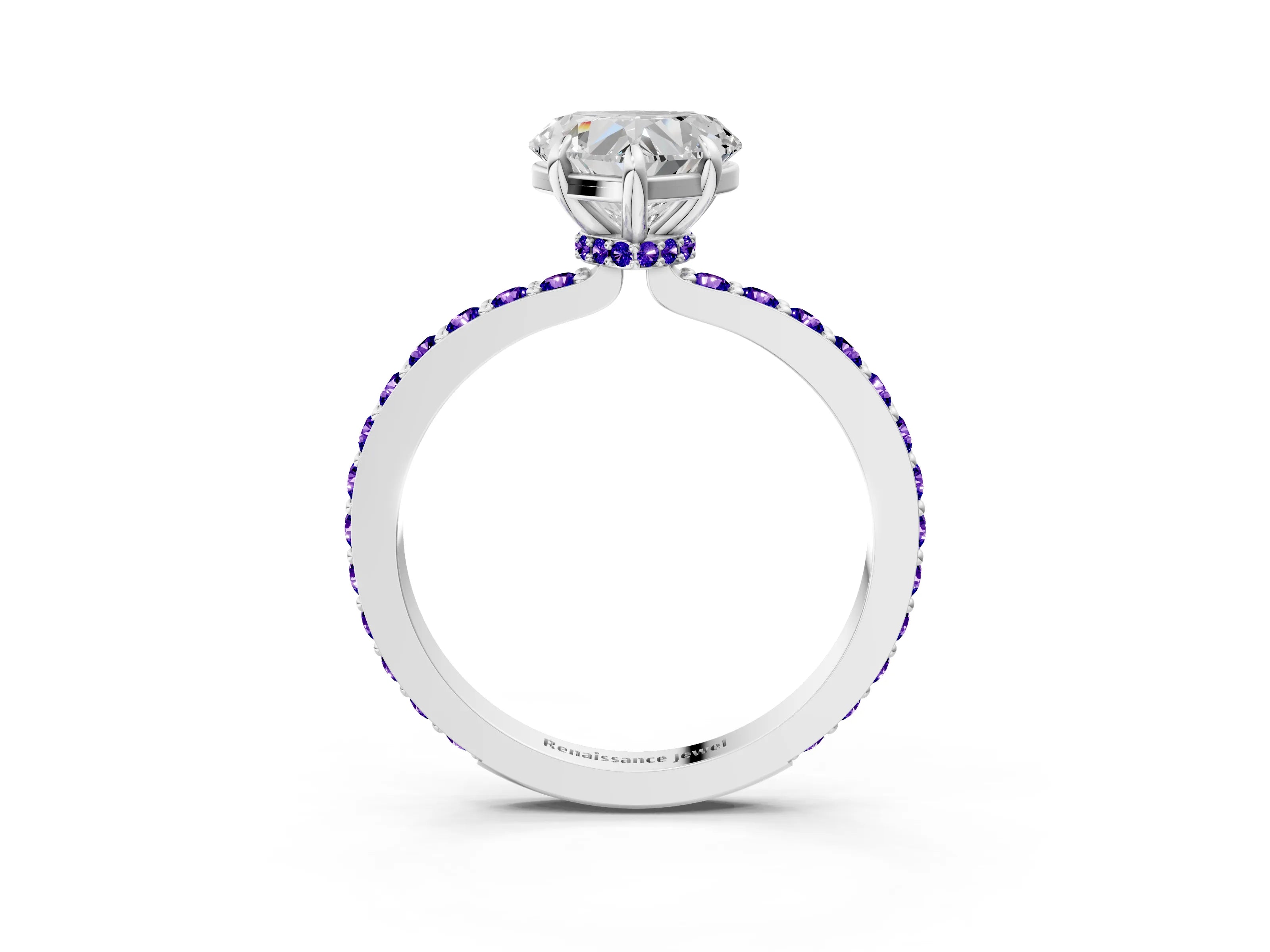 White gold Heart Cut Diamond Pavé Engagement Ring with Round with Tanzanite side stone Accents and Prong Setting_39