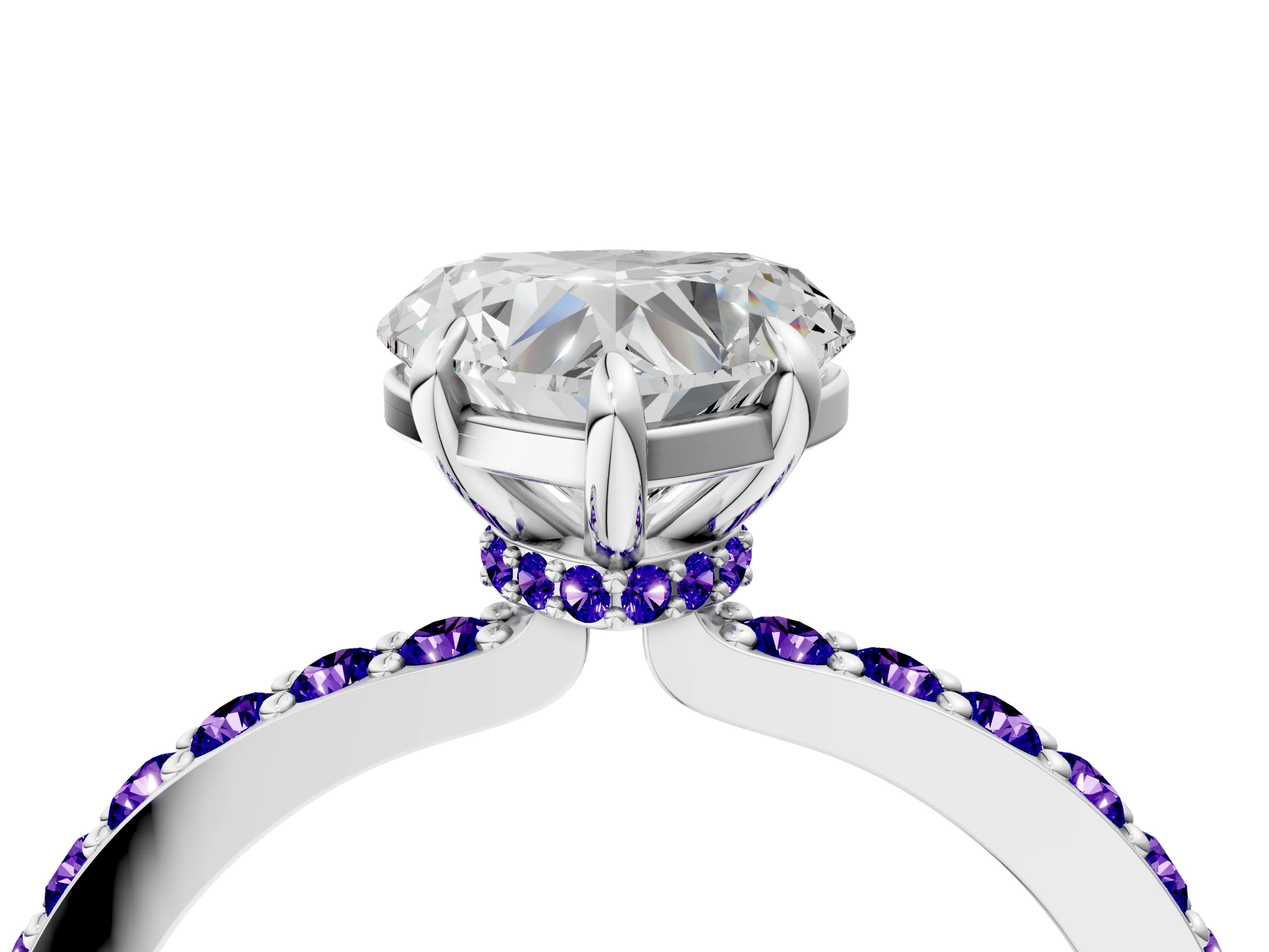 White gold Heart Cut Diamond Pavé Engagement Ring with Round with Tanzanite side stone Accents and Prong Setting_40