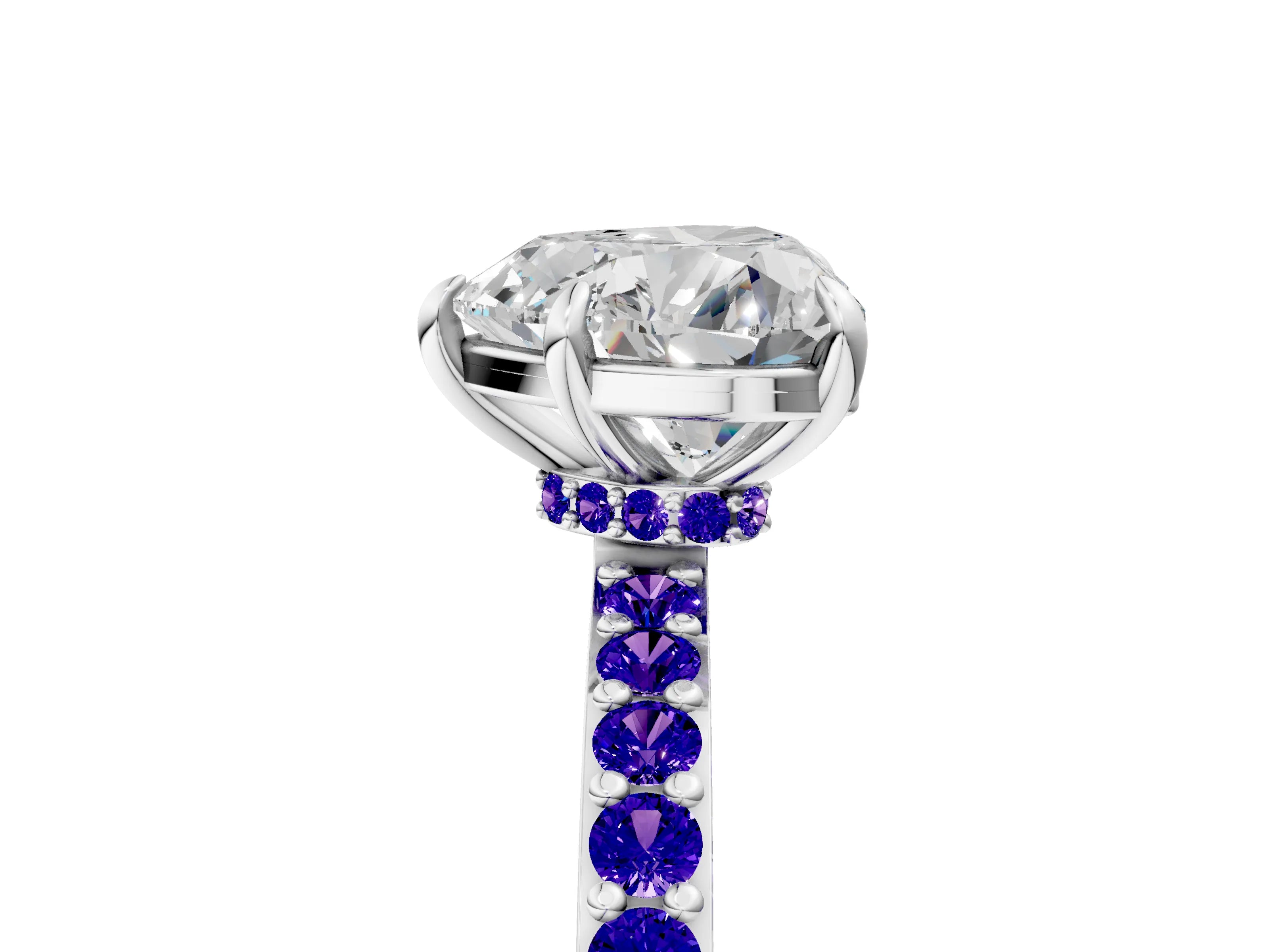 White gold Heart Cut Diamond Pavé Engagement Ring with Round with Tanzanite side stone Accents and Prong Setting_41