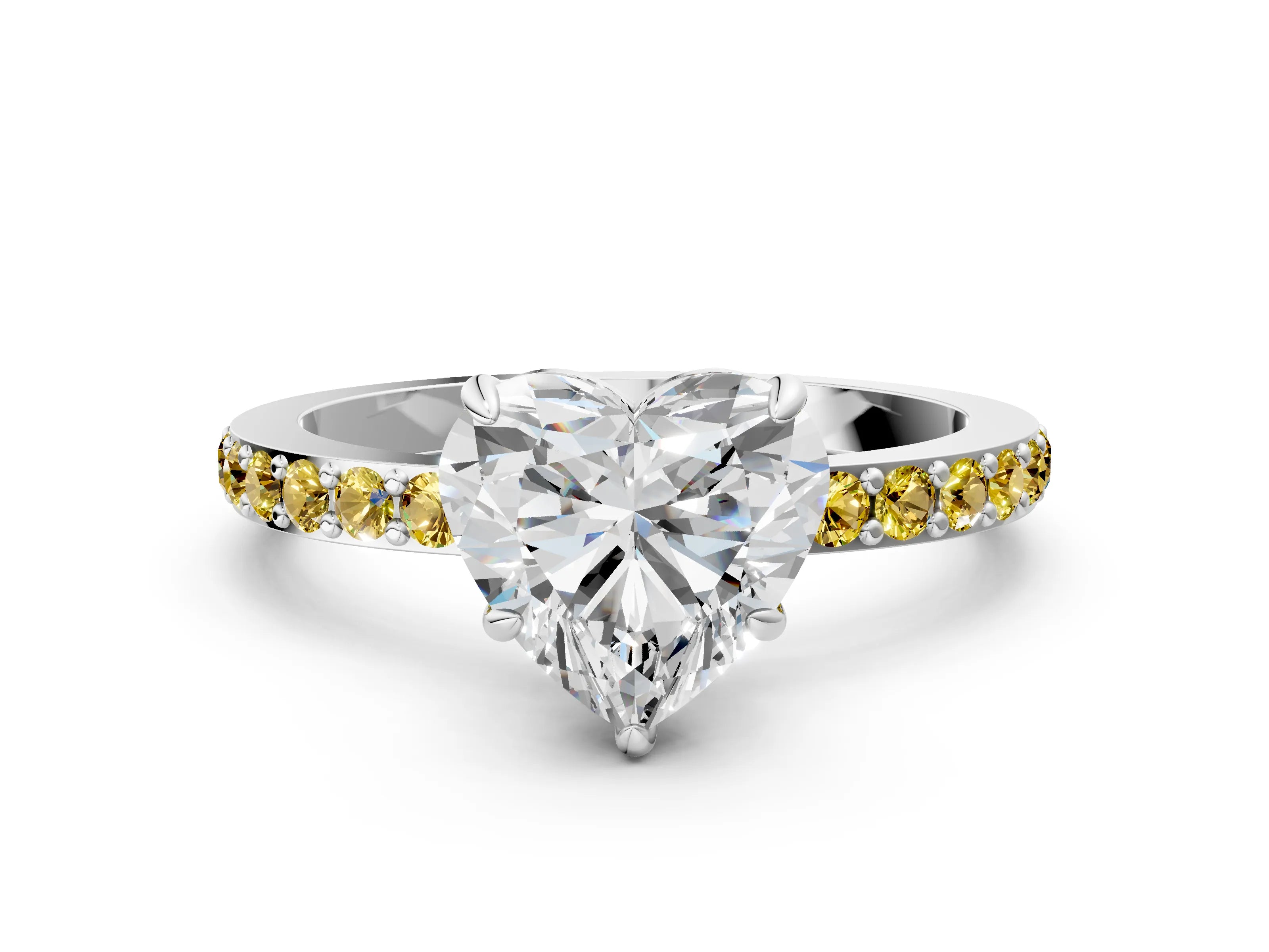 White gold Heart Cut Diamond Pavé Engagement Ring with Round with Yellow Sapphire side stone Accents and Prong Setting_12