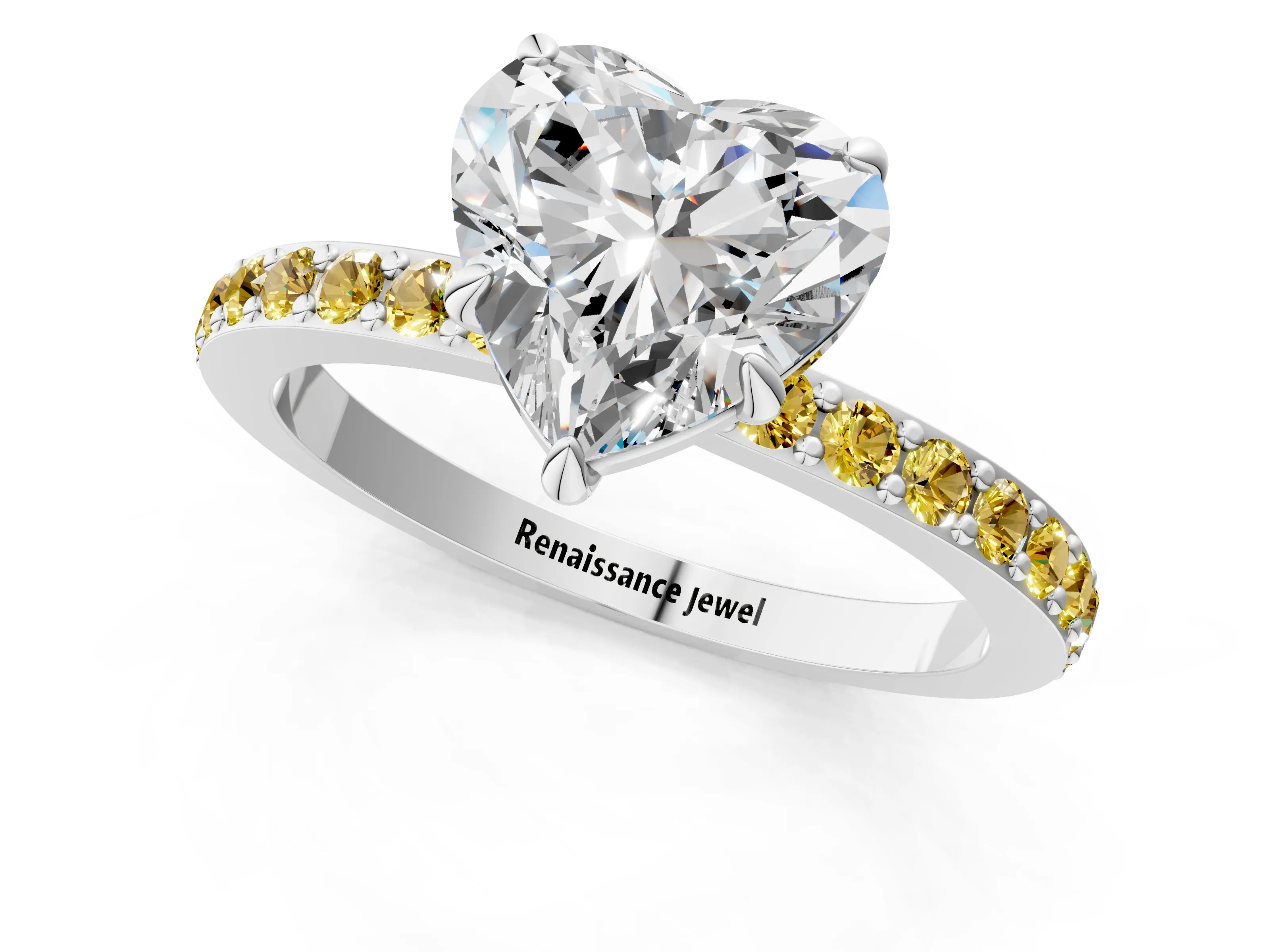 White gold Heart Cut Diamond Pavé Engagement Ring with Round with Yellow Sapphire side stone Accents and Prong Setting_13