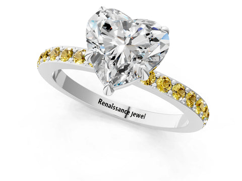 White gold Heart Cut Diamond Pavé Engagement Ring with Round with Yellow Sapphire side stone Accents and Prong Setting_13