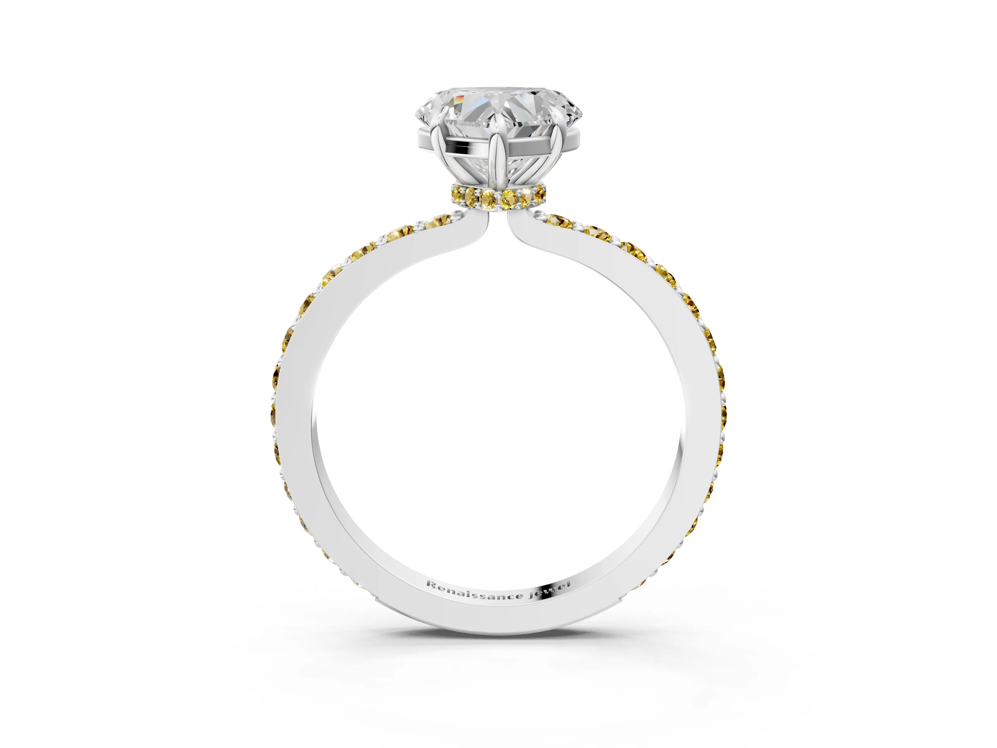 White gold Heart Cut Diamond Pavé Engagement Ring with Round with Yellow Sapphire side stone Accents and Prong Setting_15