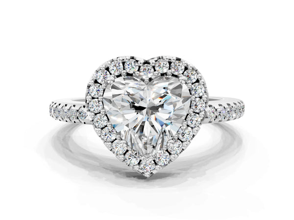 White Gold Heart-Shaped Pave Halo Engagement Ring Setting with Pave Band