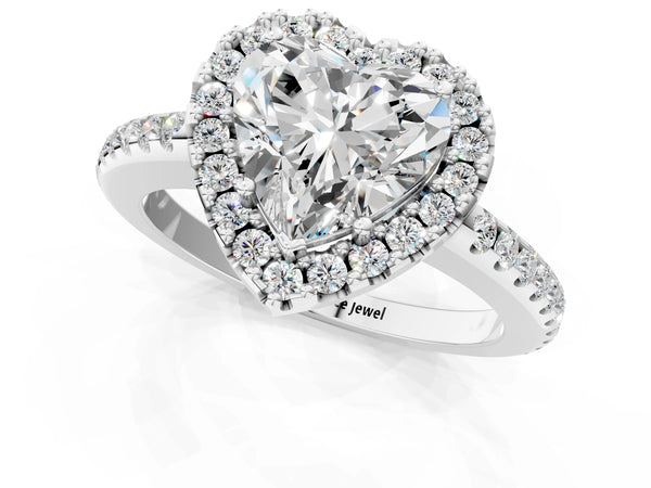 White Gold Heart-Shaped Pave Halo Engagement Ring Setting with Pave Band