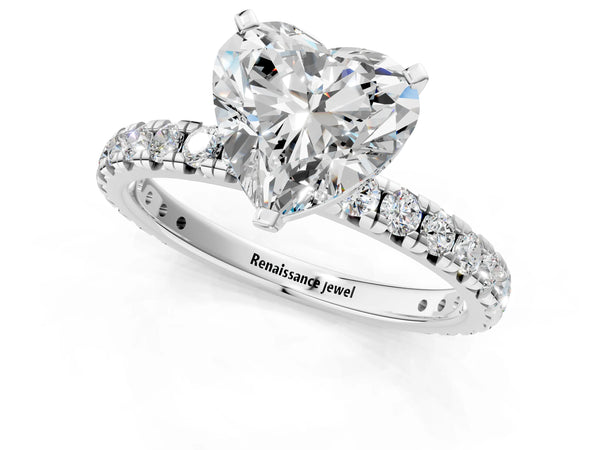 White Gold Heart-Shaped Solitaire Engagement Ring Setting with Shared Prong Pave Band